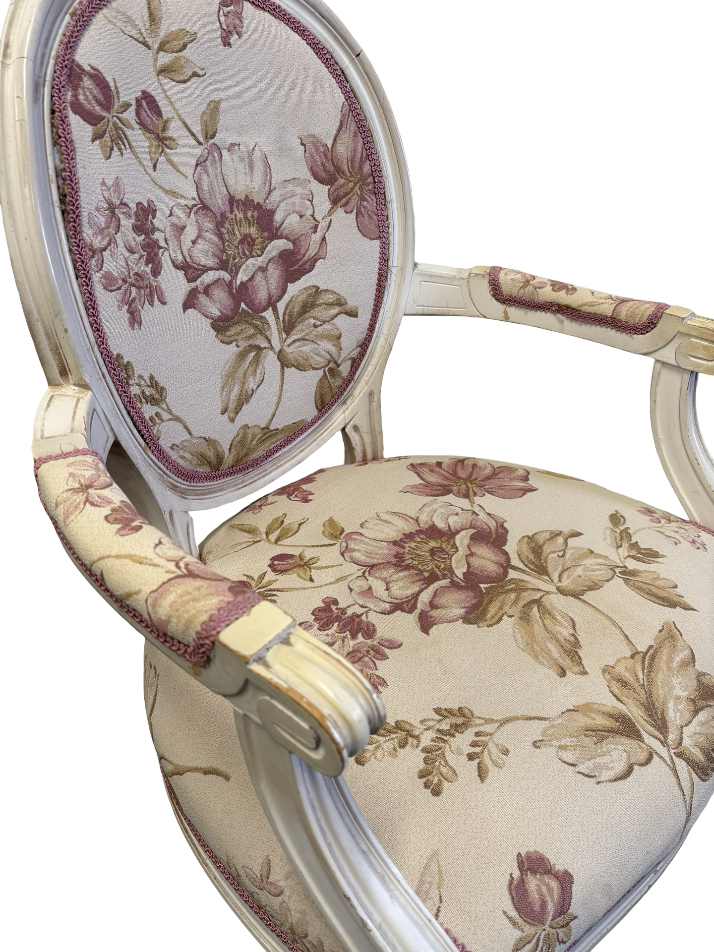 Oval back French Louis Style white painted vintage floral bedroom chair