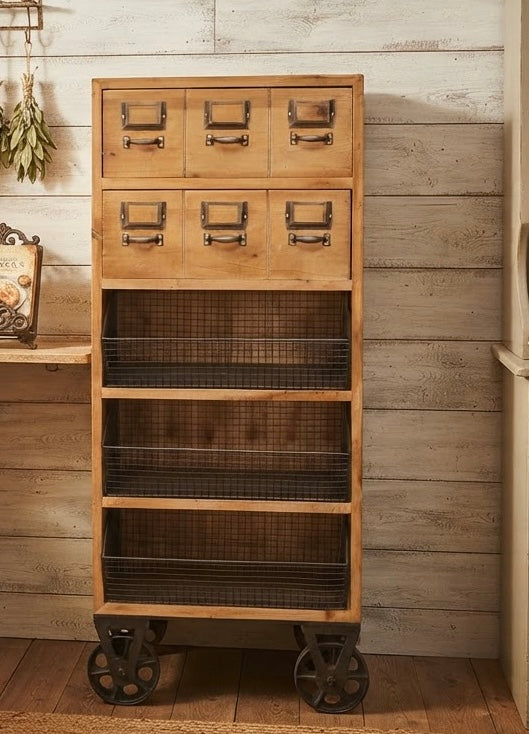Light wood vintage styled fir and Iron Cabinet unit Kitchen Utility Bathroom Storage