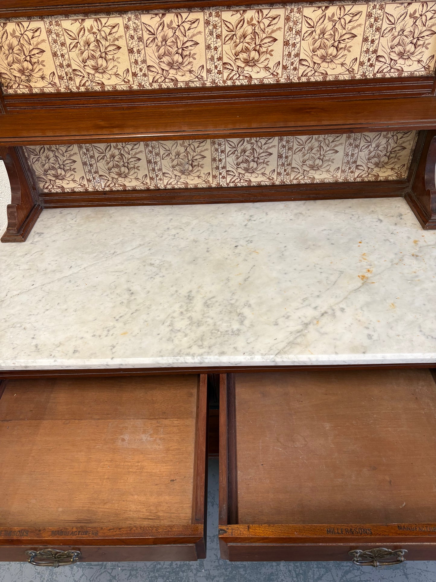 Edwardian Antique Marble top & Tiled back Washstand Side Console Table