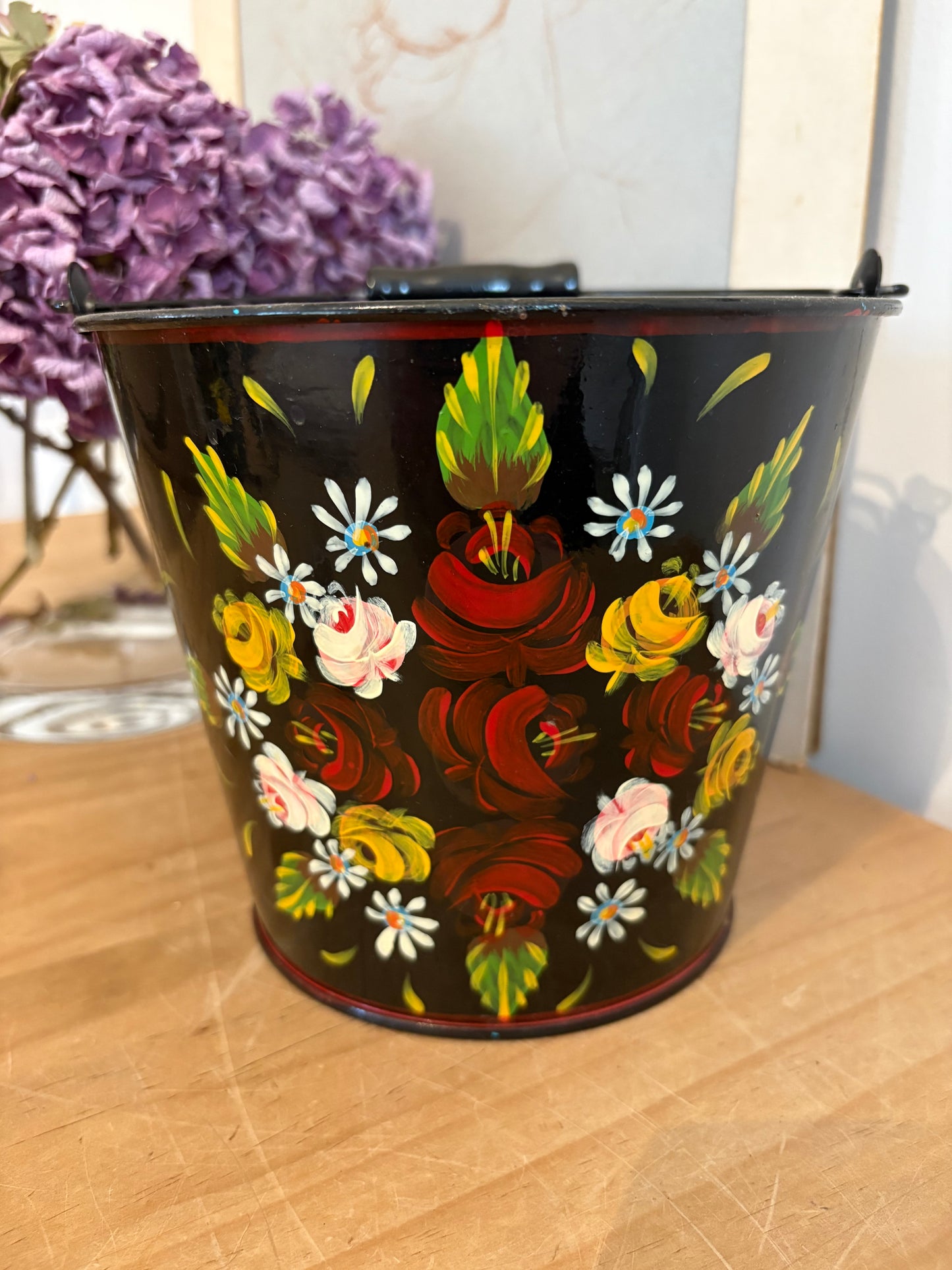 Vintage hand painted bucket design plant pot folky bargeware look