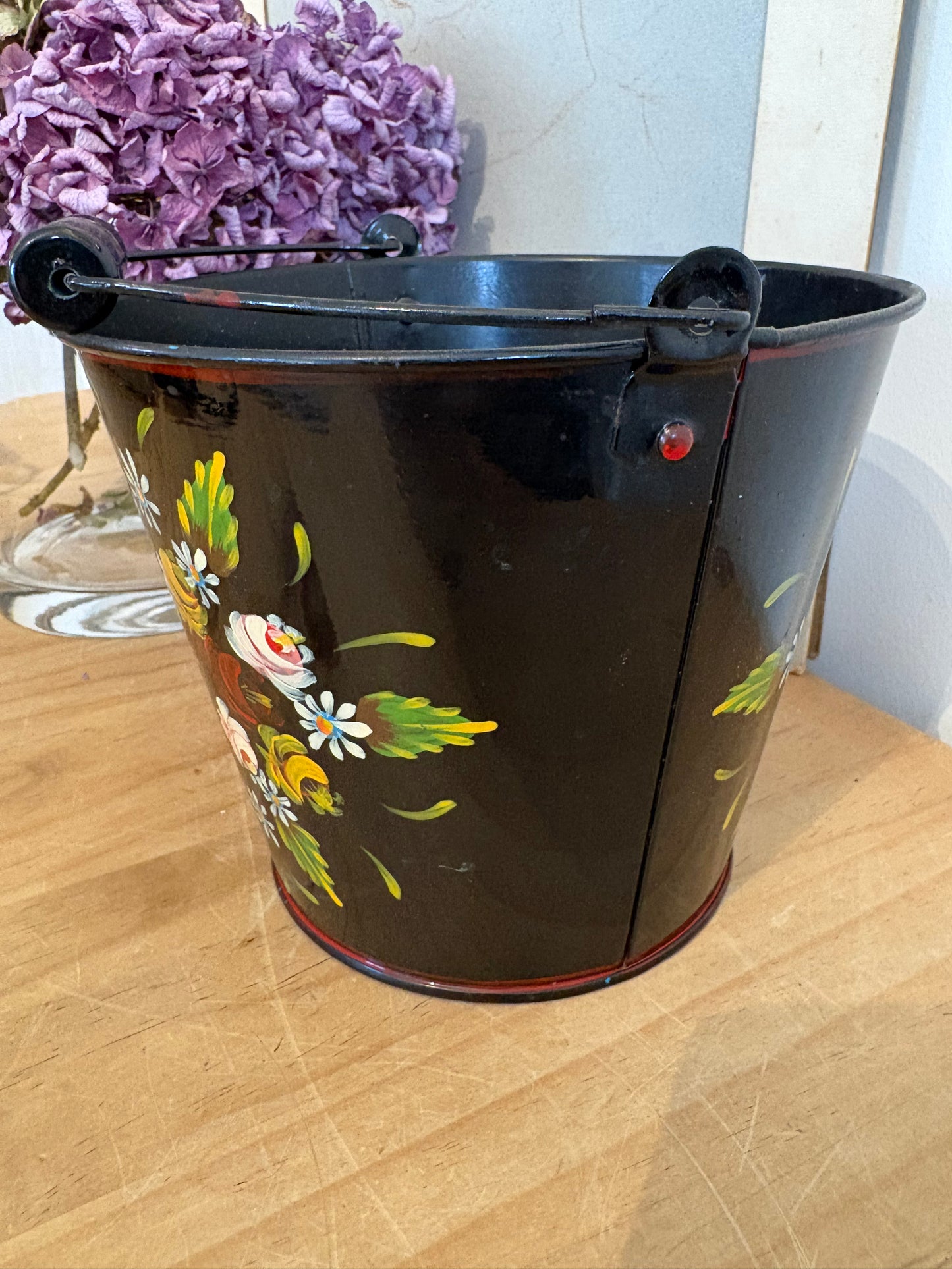 Vintage hand painted bucket design plant pot folky bargeware look