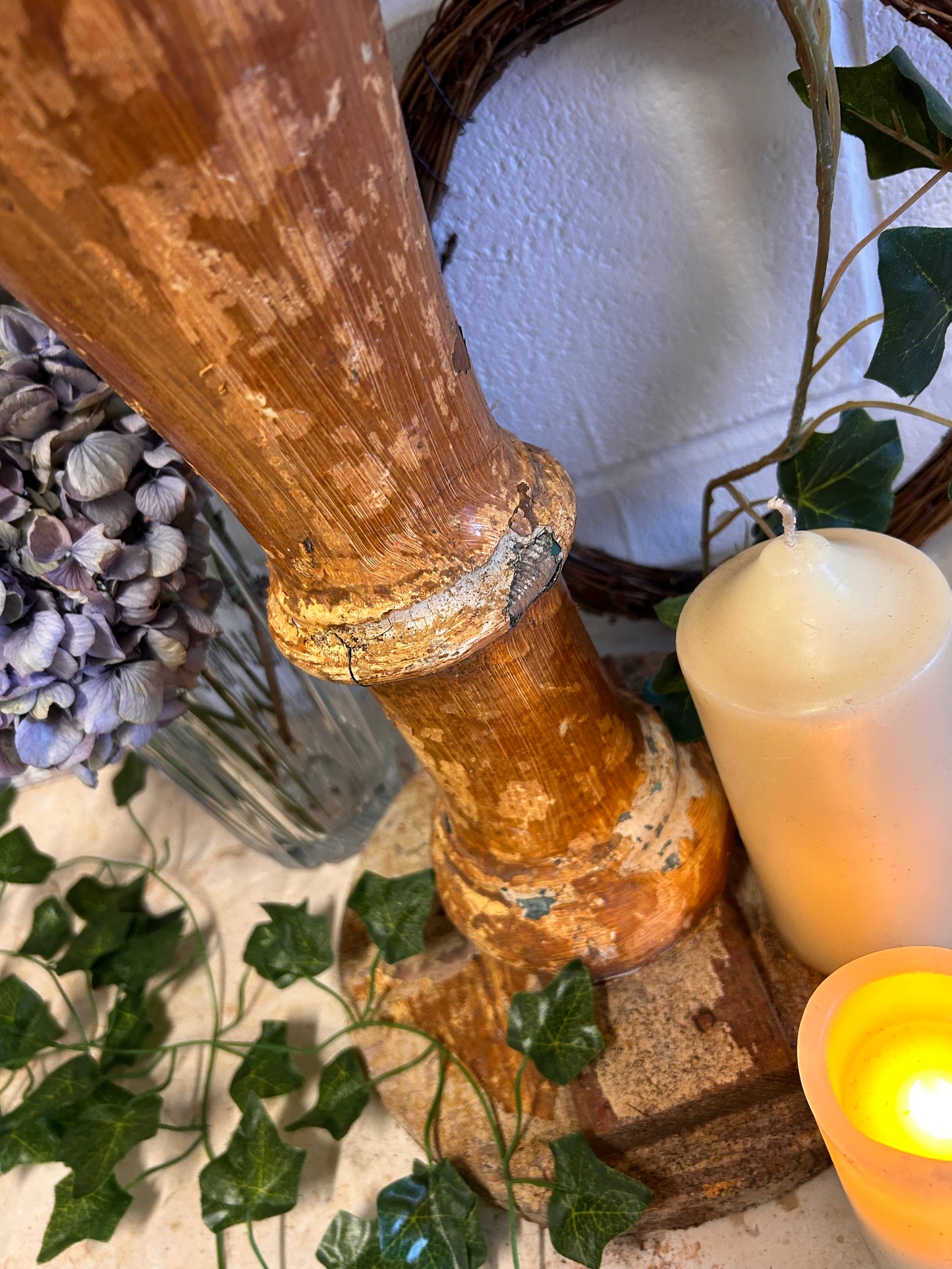Shabby French 19thC Salvaged balistrail original paint repurposed candle stand