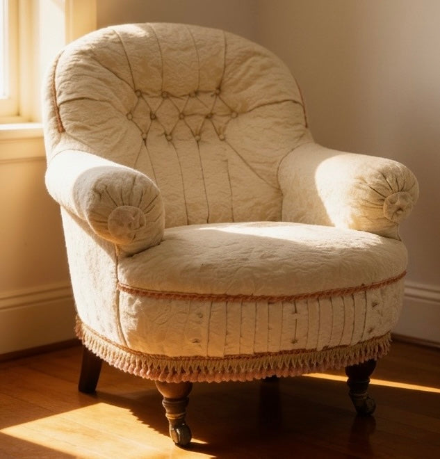 Victorian Antique button-back nursing chair with cream floral damask fabric on castors