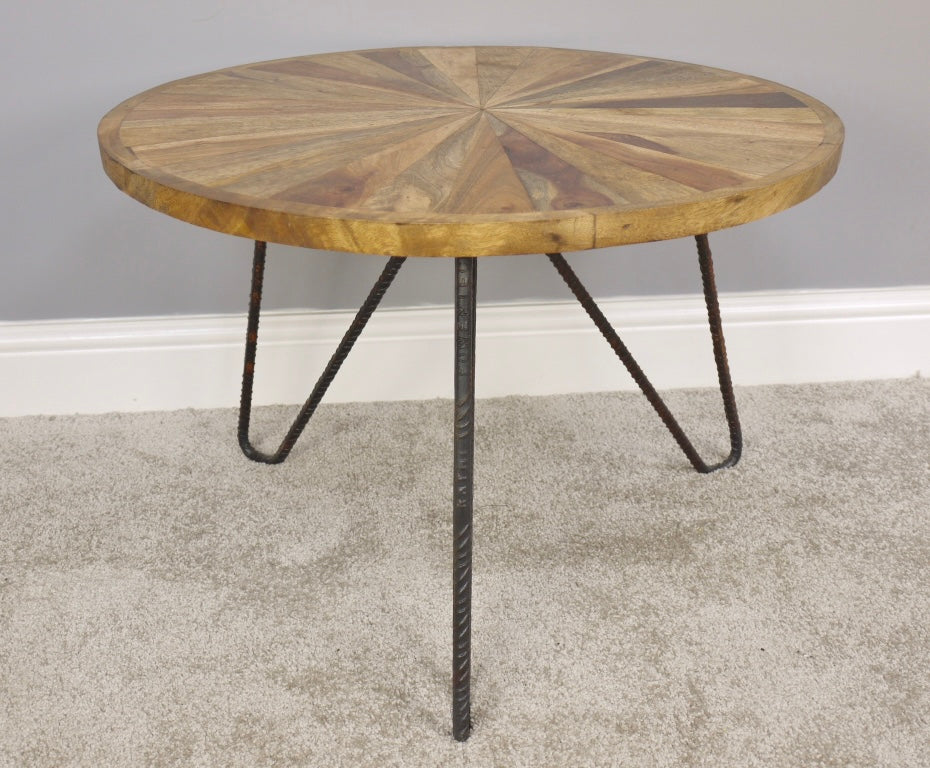Circular Natural Rustic Wooden Acacia wood coffee table Hairpin legs with geometric design