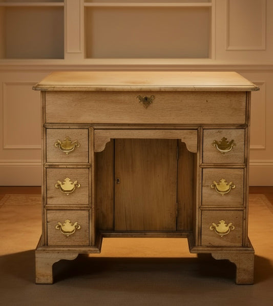 Georgian style kneehole desk in pale mahogany, long drawer, twin pedestal of 3 drawers each & brass handles