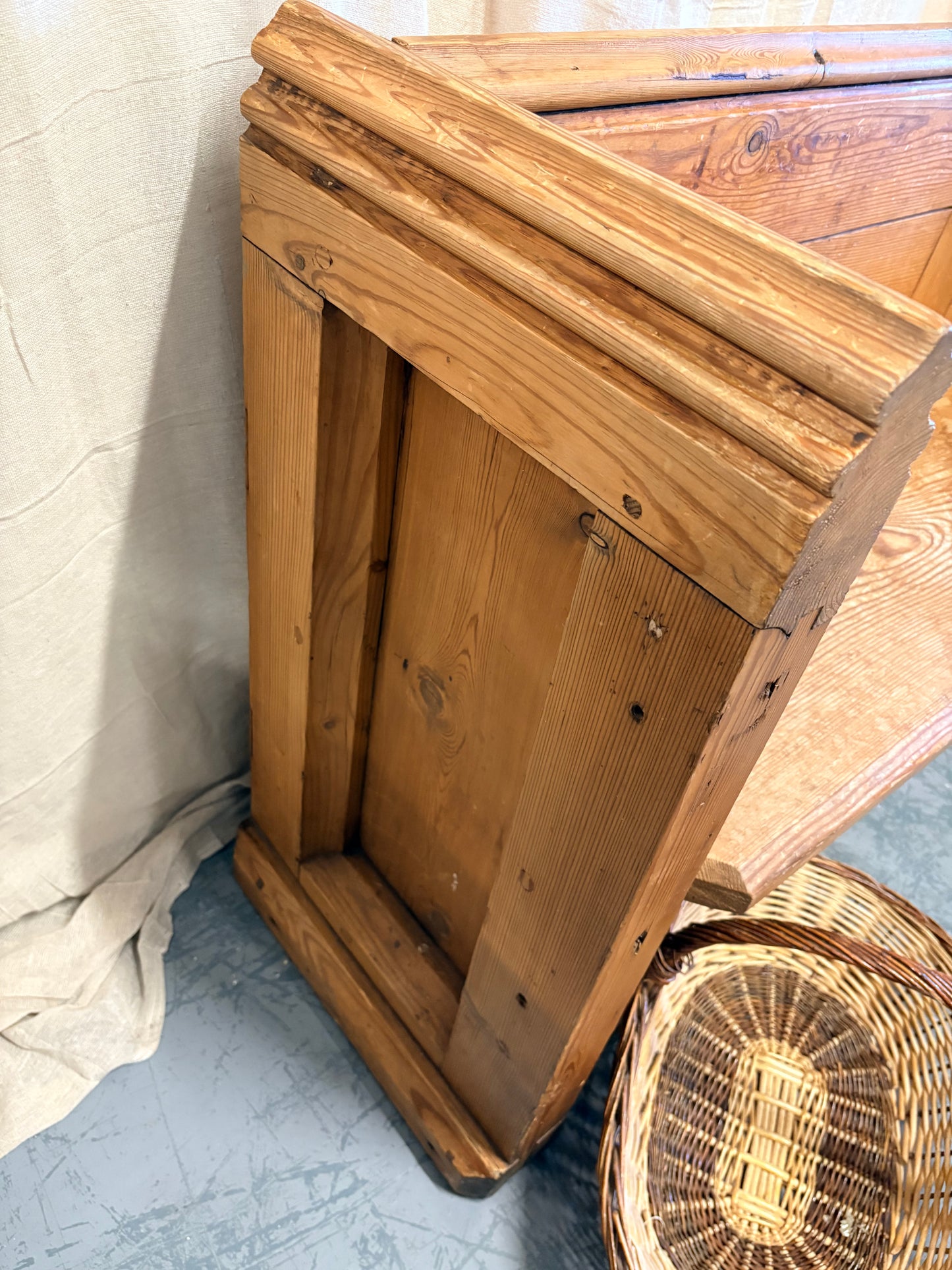 Antique Pitch Pine Bench Pew Panelled sides and Shelf to back