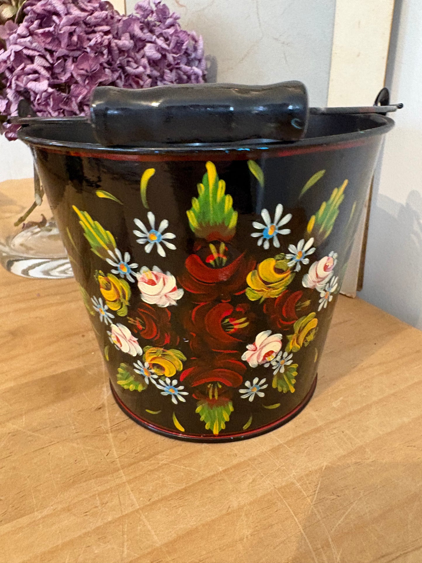 Vintage hand painted bucket design plant pot folky bargeware look