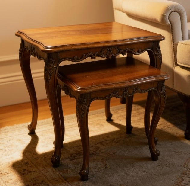 Pair of nesting Vintage French Carved side / living / lamp tables