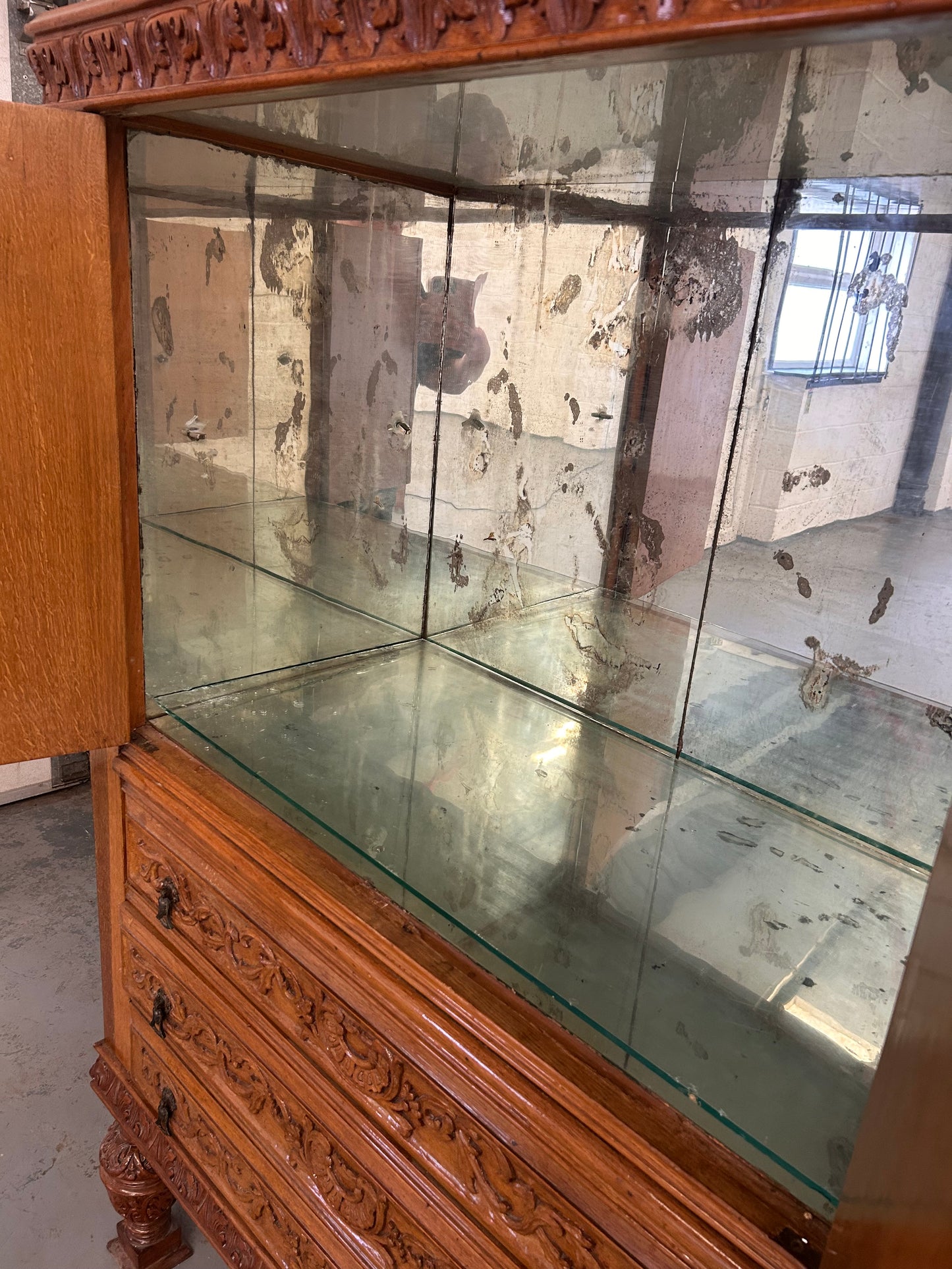 Big Vintage French Drinks cabinet with 3 drawers and mercury mirror lined cupboard