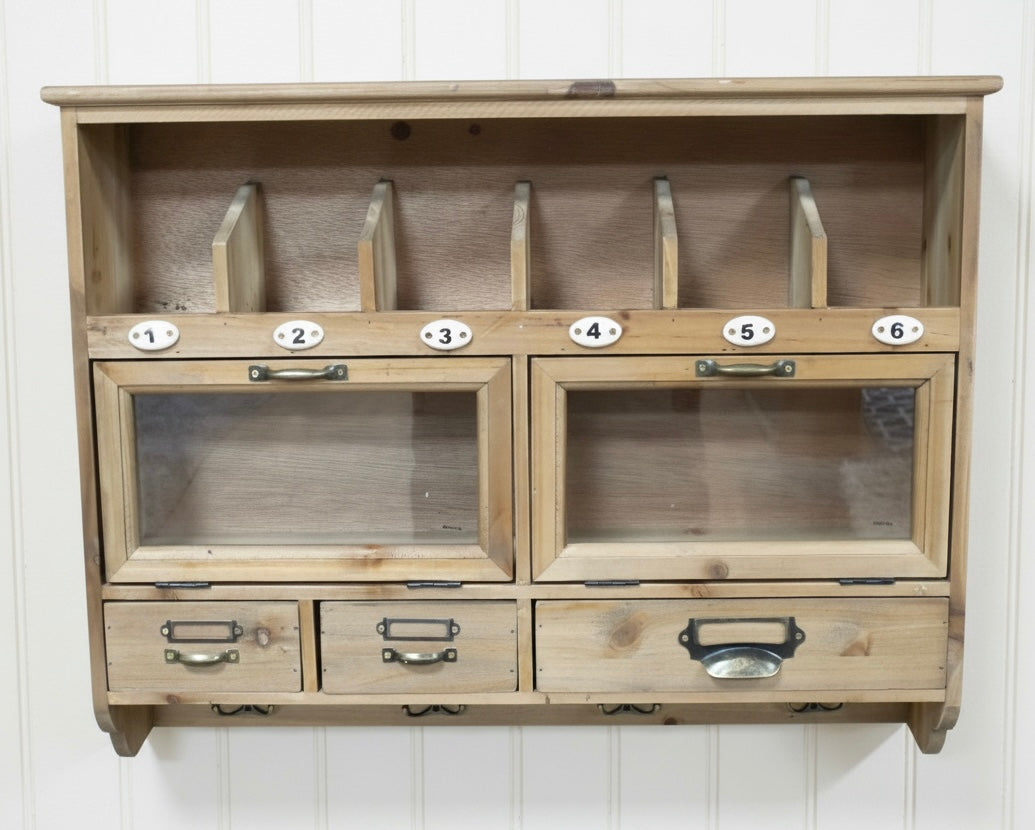 Country Farmhouse Wooden Wall Cabinet with Drawers & Hooks