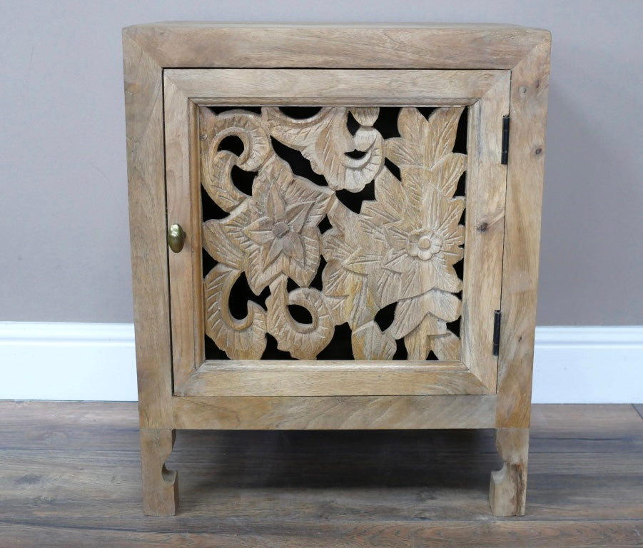 Decorative Carved Solid Wood Bedside Table cupboard storage