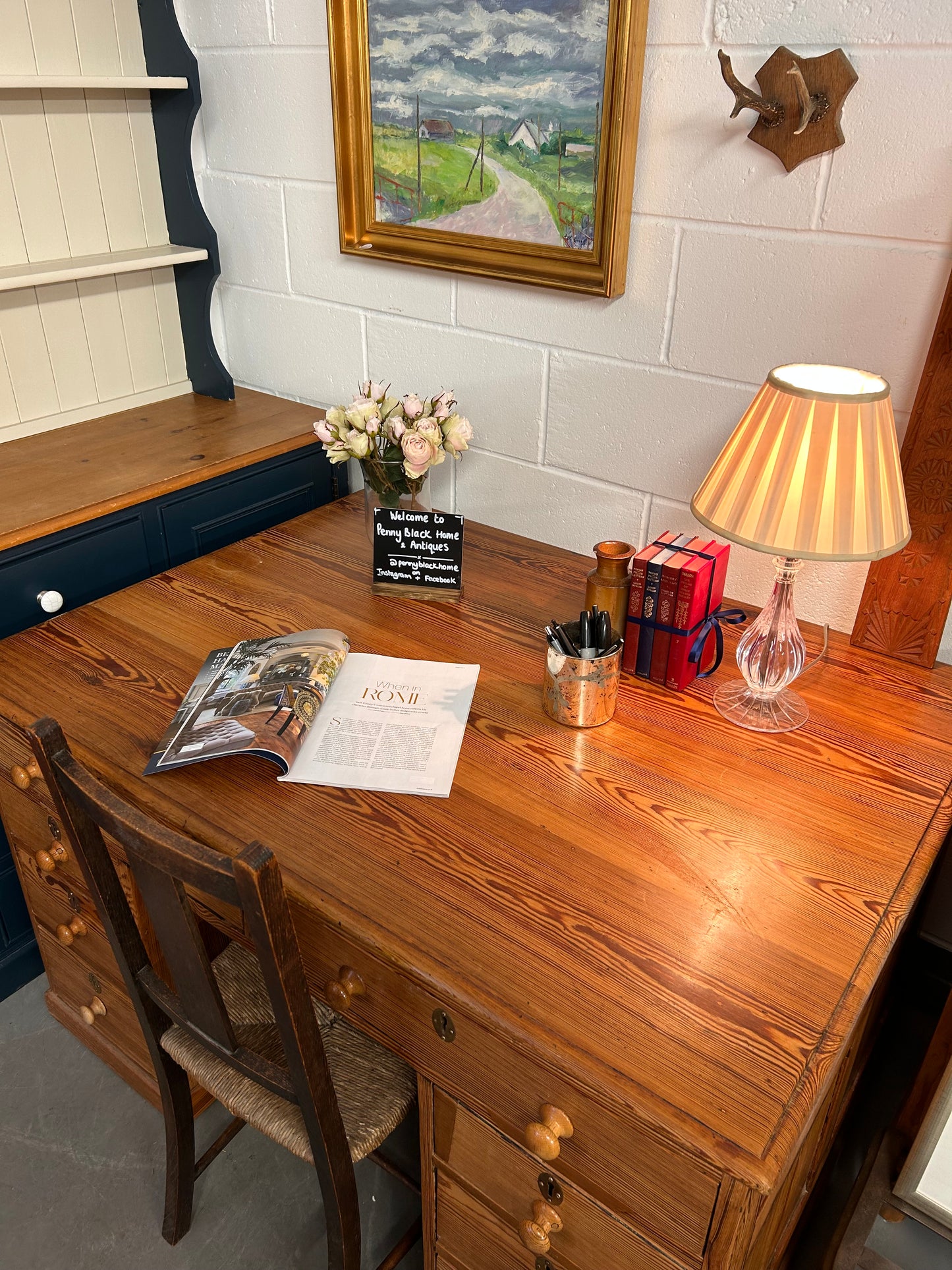 Antique Pitch Pine Large Partners Desk with Cupboards and drawers