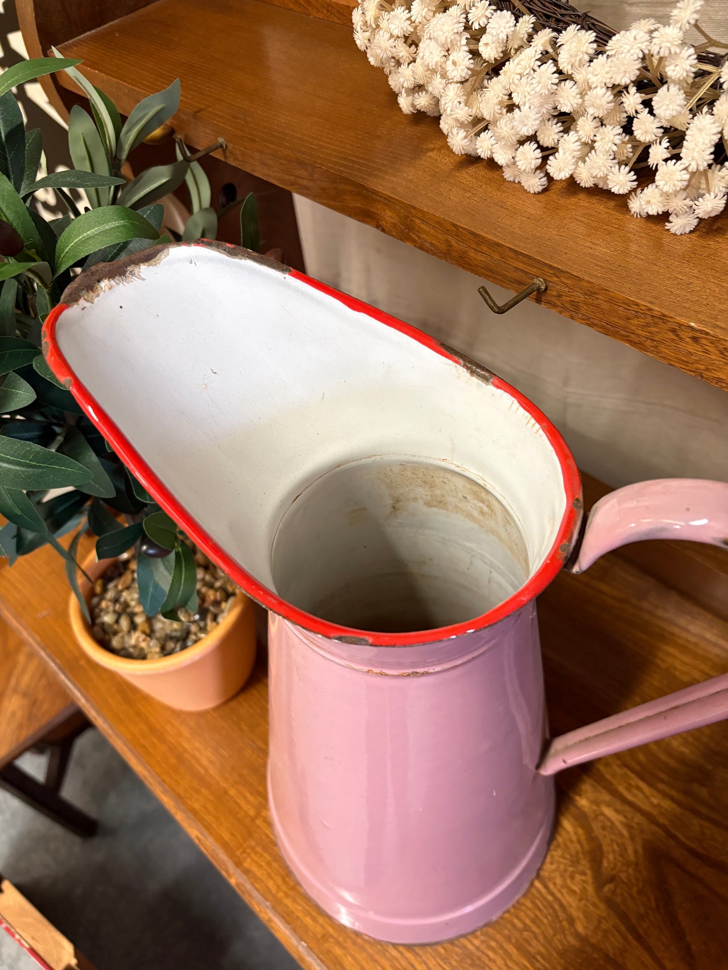 Large French Pink Enamel Pitcher Jug Flower Vase