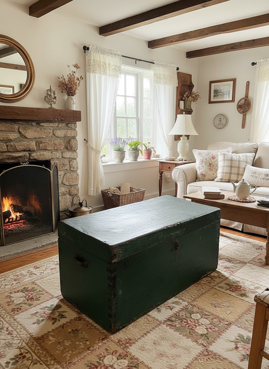 Green vintage wooden carpenters tool chest great coffee table and storage
