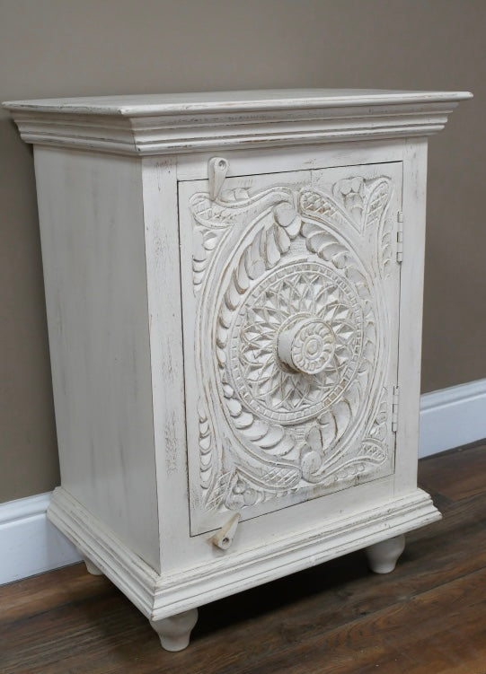 White Wooden Bedside Cabinet in an Eclectic Bohemian  Style