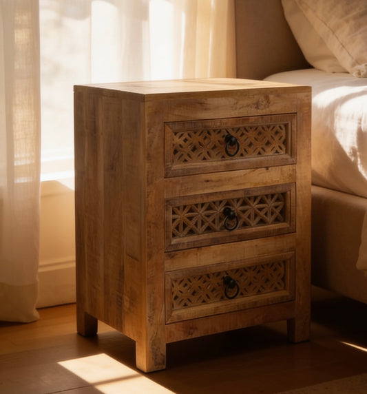 3 drawer Wooden bedside cabinet with carved decorative drawer fronts
