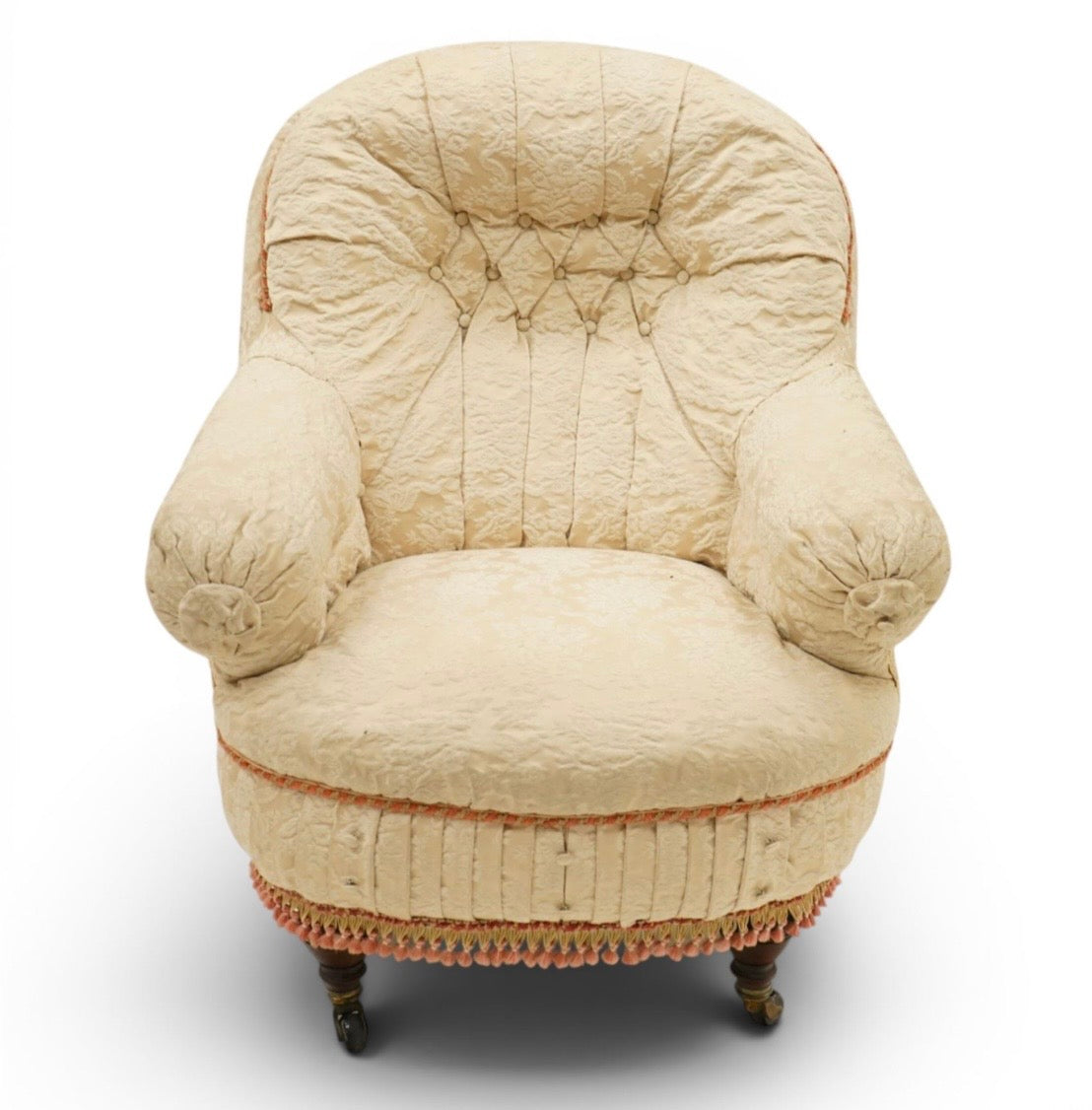 Victorian Antique button-back nursing chair with cream floral damask fabric on castors