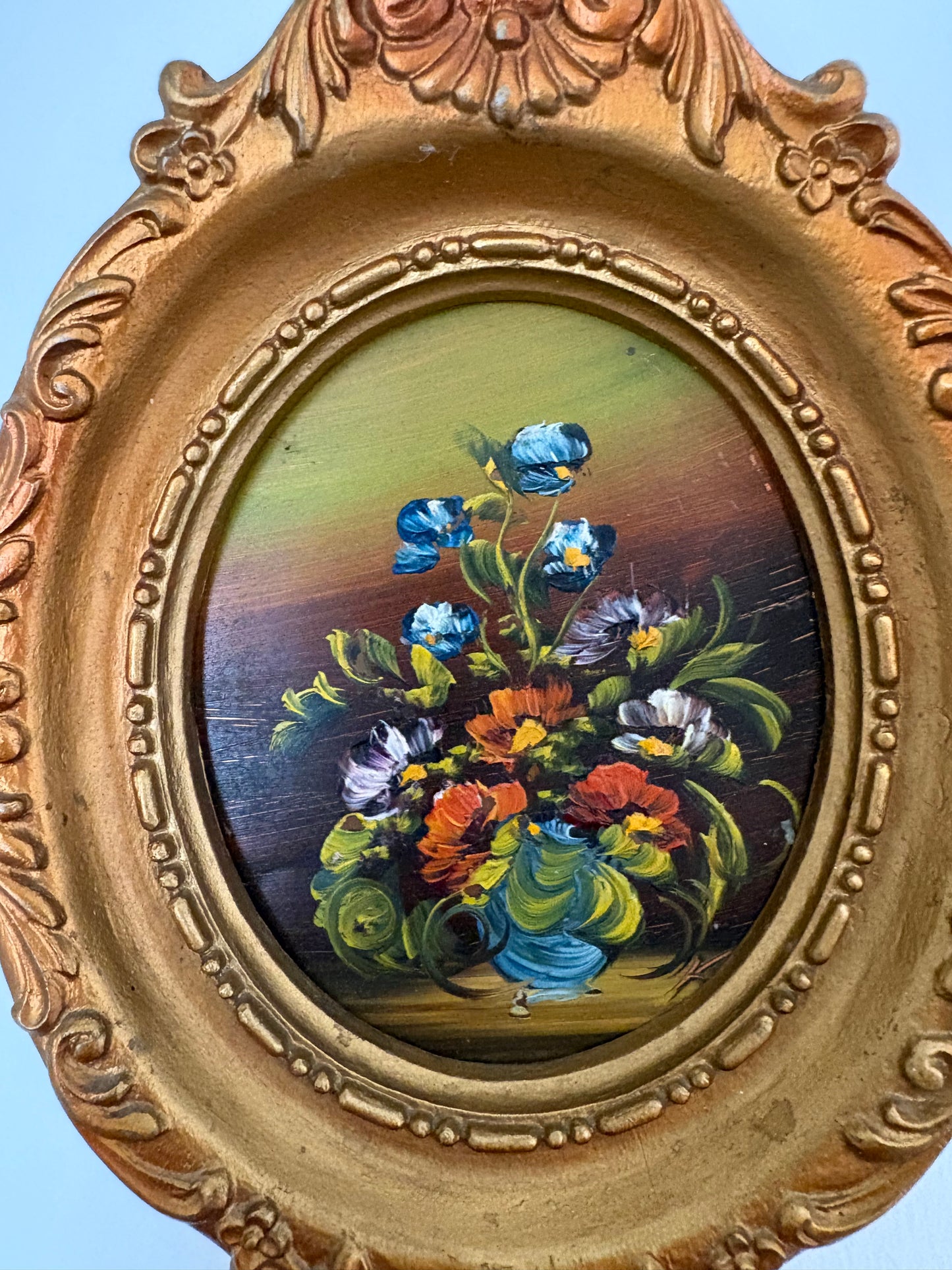 Miniature vintage guilt framed floral oil painting