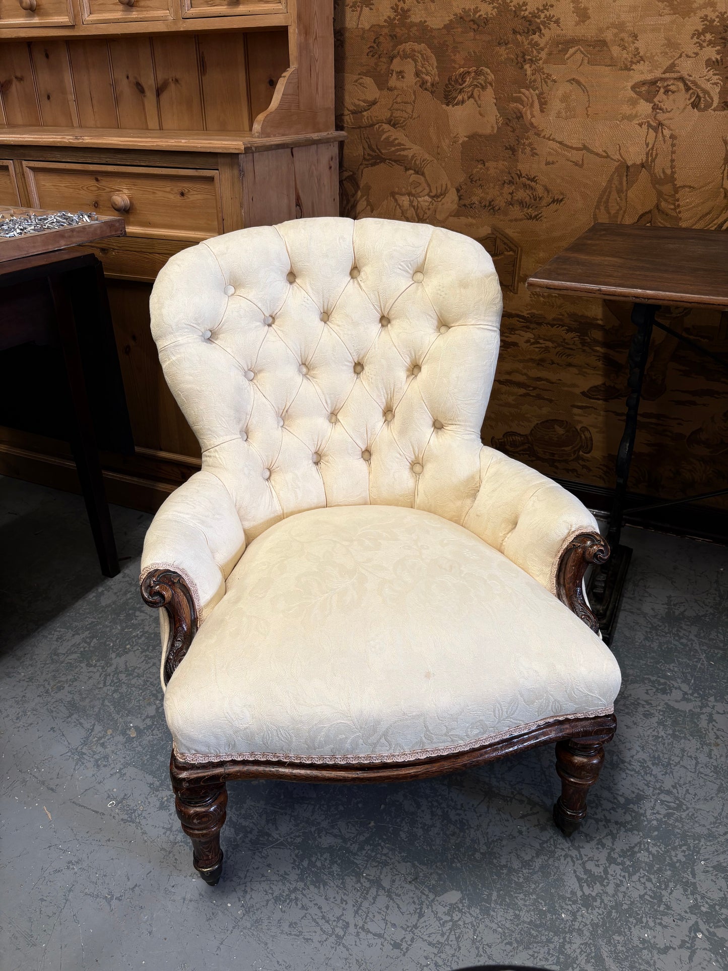 An Cream upholstered & carved Victorian mahogany Low Bedroom Chair