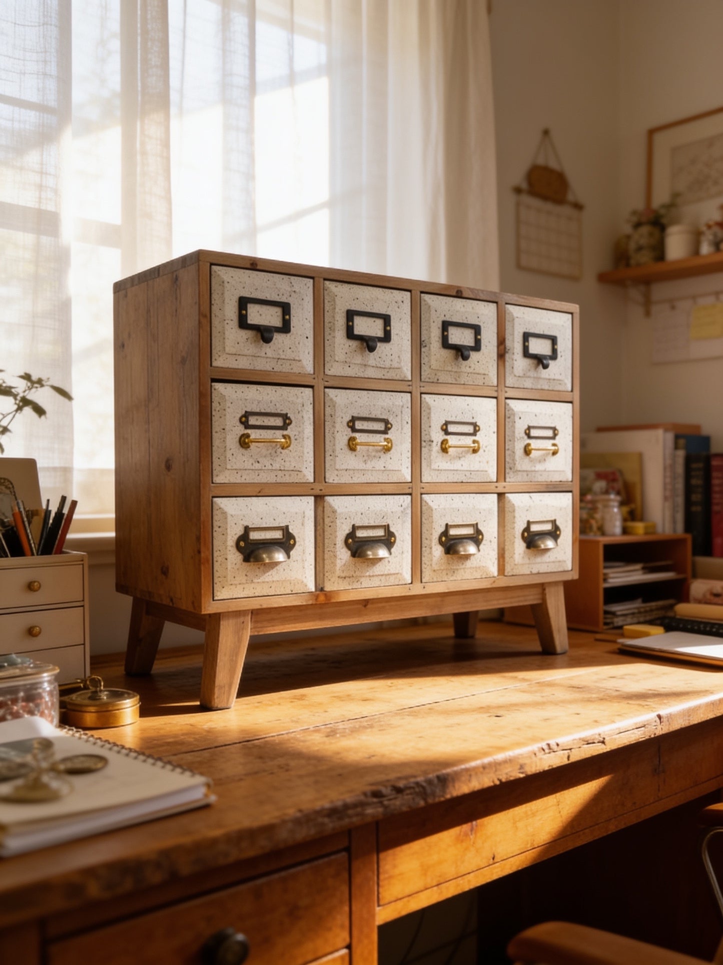Rustic wooden 12 drawer storage unit - crafts utility office collector