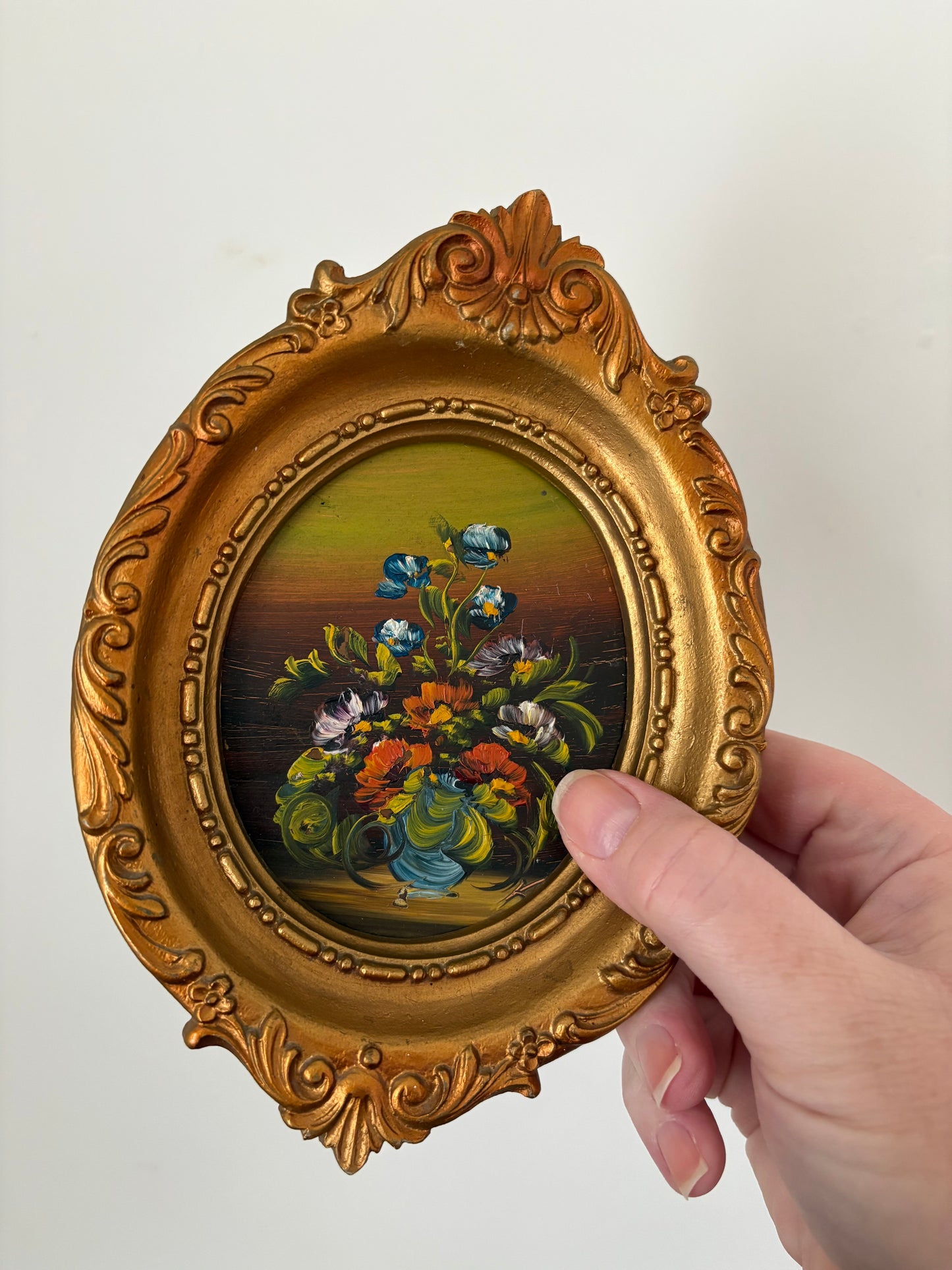 Miniature vintage guilt framed floral oil painting