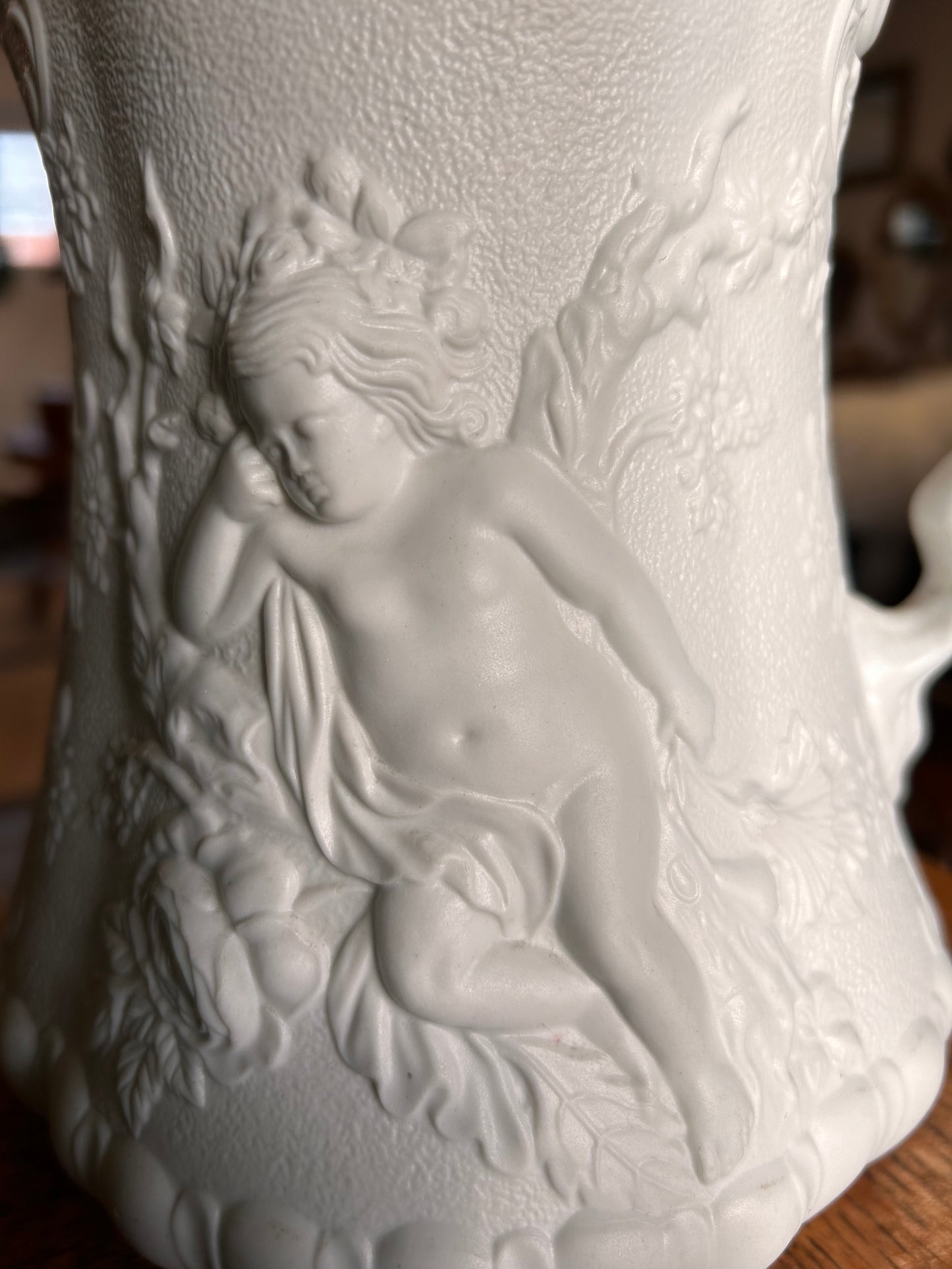 Portmerian Parianware White decorative large jug with cherubs