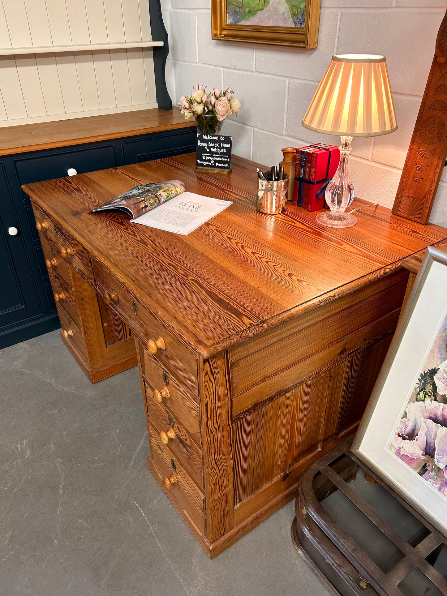 Antique Pitch Pine Large Partners Desk with Cupboards and drawers