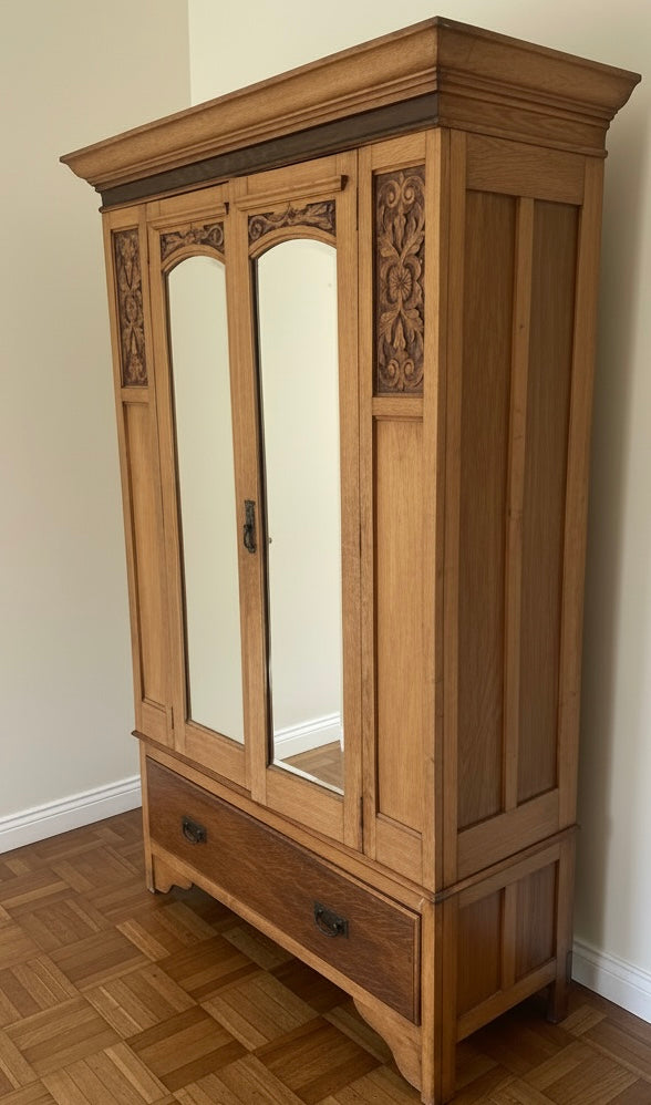 Beautiful Antique Satinwood Edwardian double wardrobe with a lower drawer.