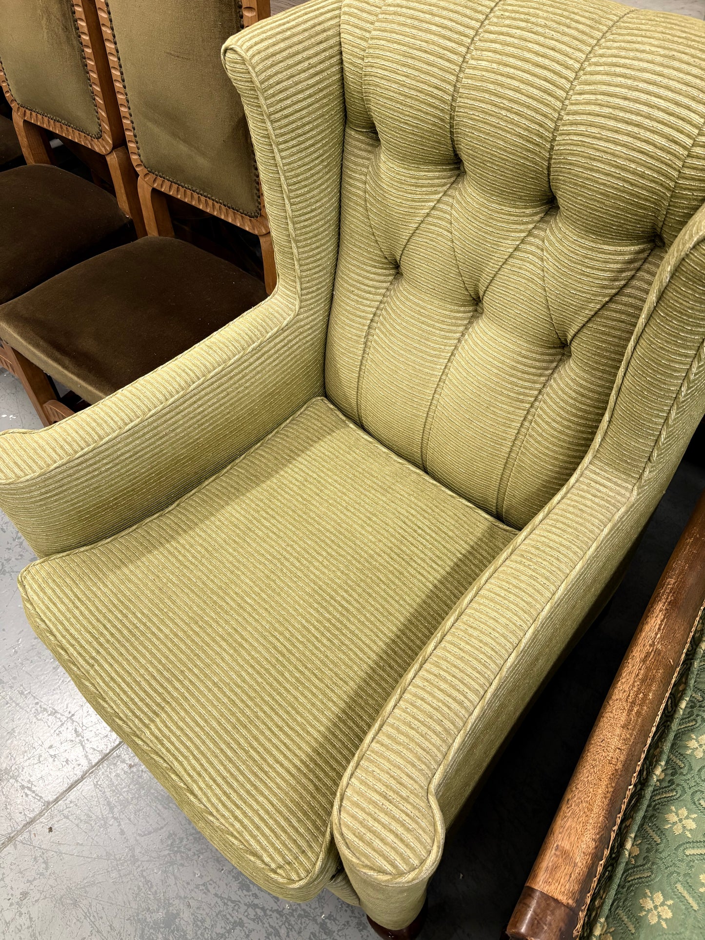 Antique Soft Green Wingback Upright Armchair on Castors & Cabriole legs UK Delivery