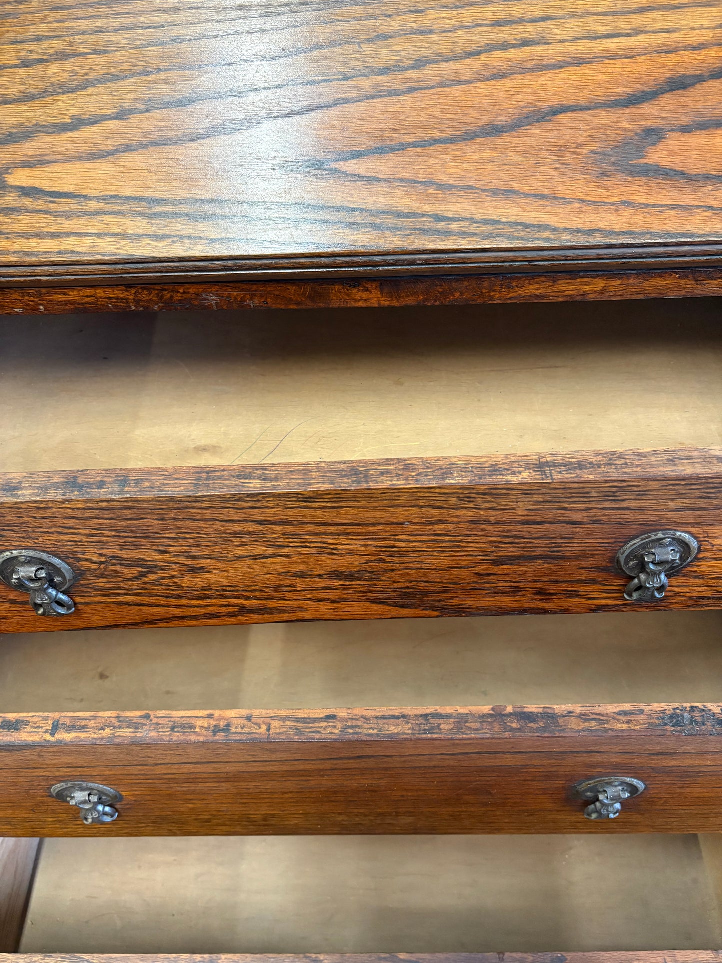 Early 20th Century Vintage Fold down Oak bureau writing desk drawers & key