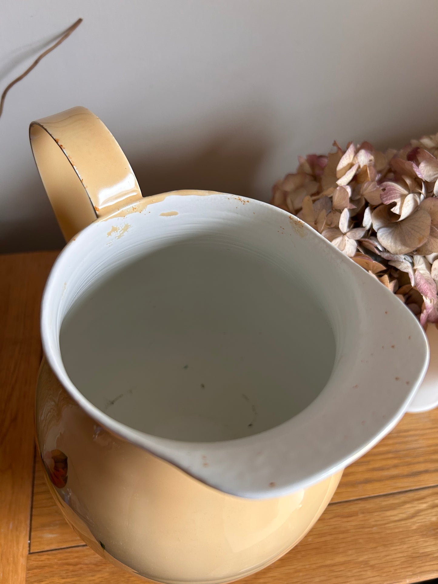 Vintage Pale Yellow Floral French Enamel Pitcher Jug
