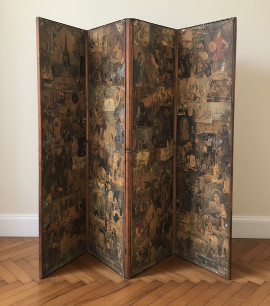 A Vintage four fold decoupage screen decorated with figures and monuments