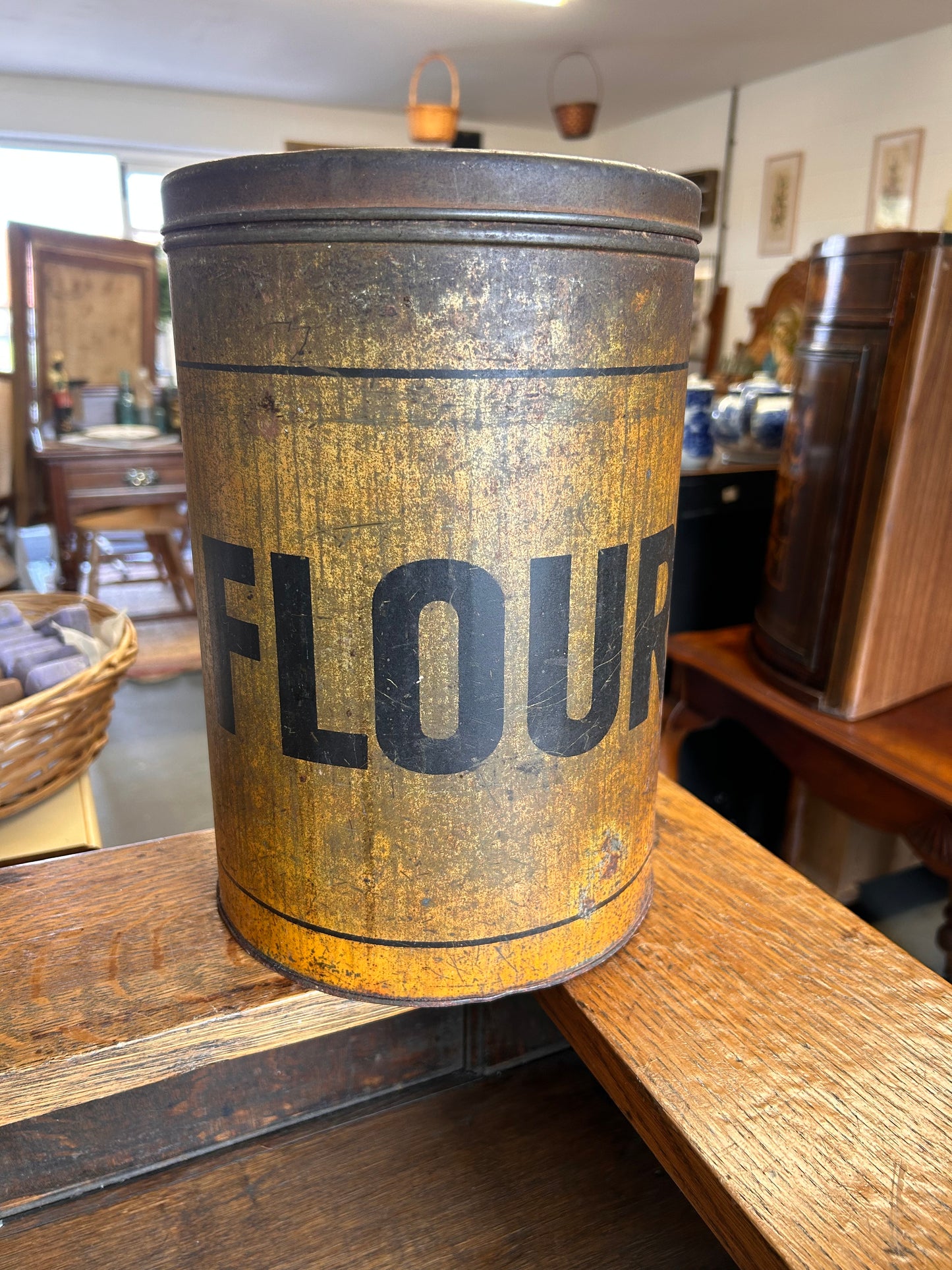 Large antique yellow painted flour storage tin, Country house Kitchenalia