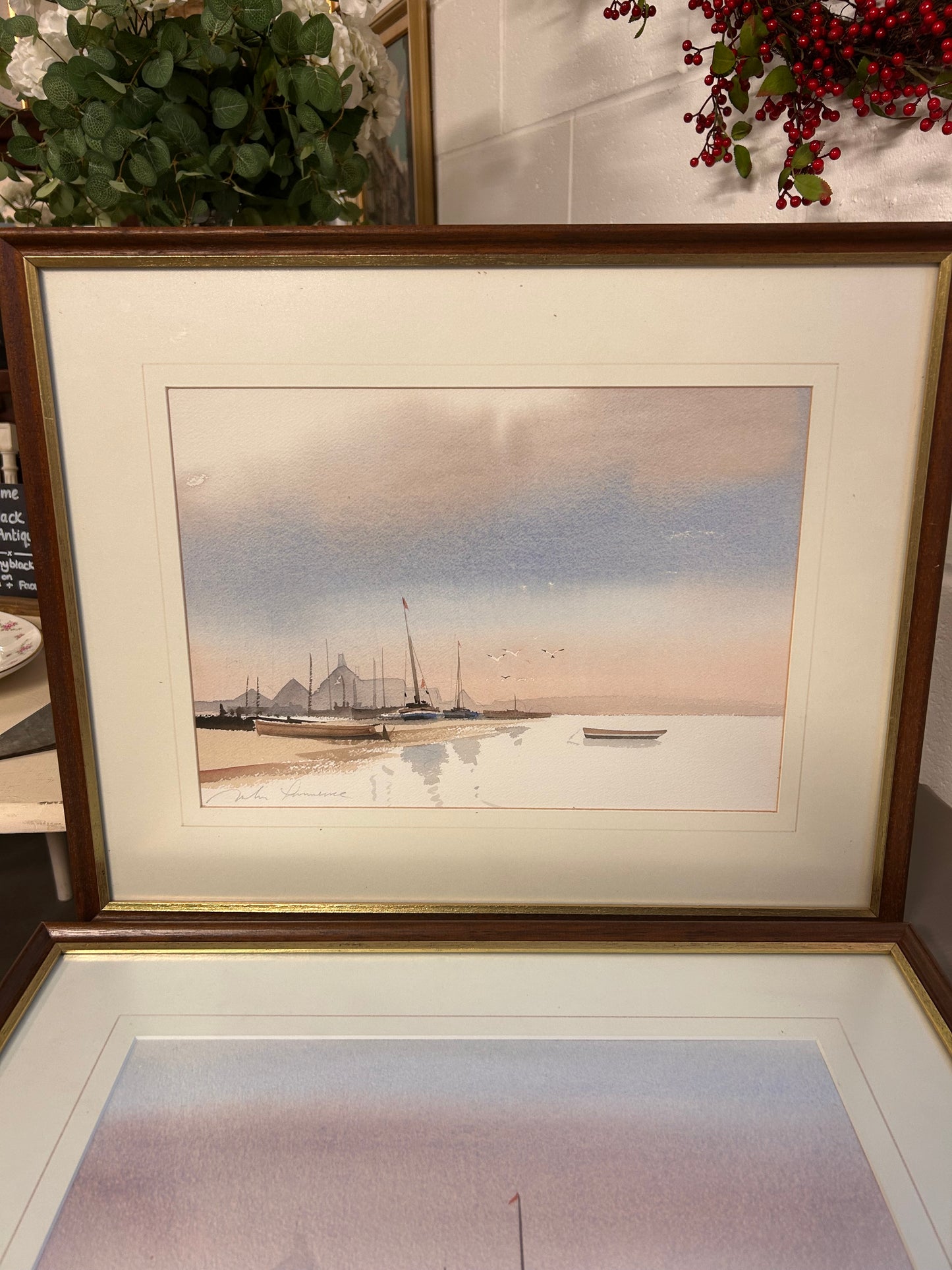 A pair of vintage coastal watercolours signed framed glazed