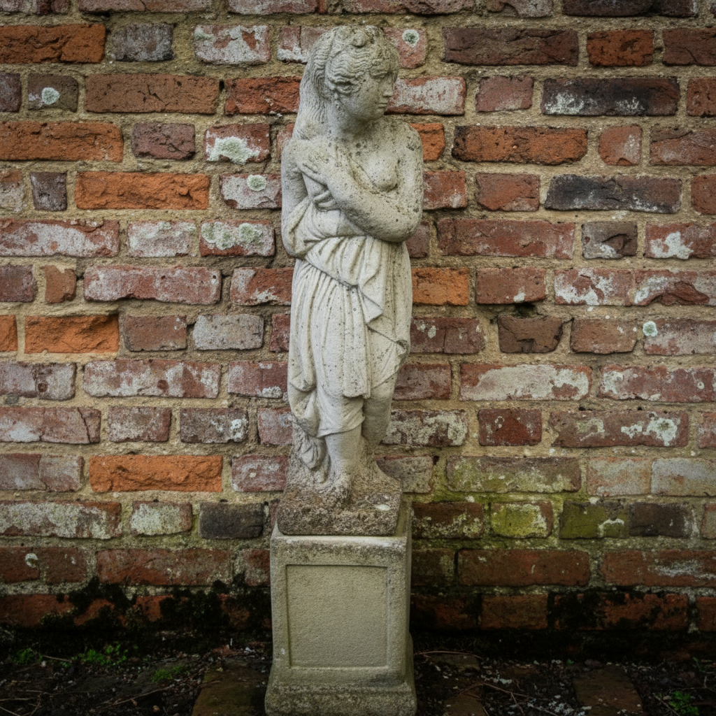 Weathered Antique Stone Shy Maiden Statue on pedestal