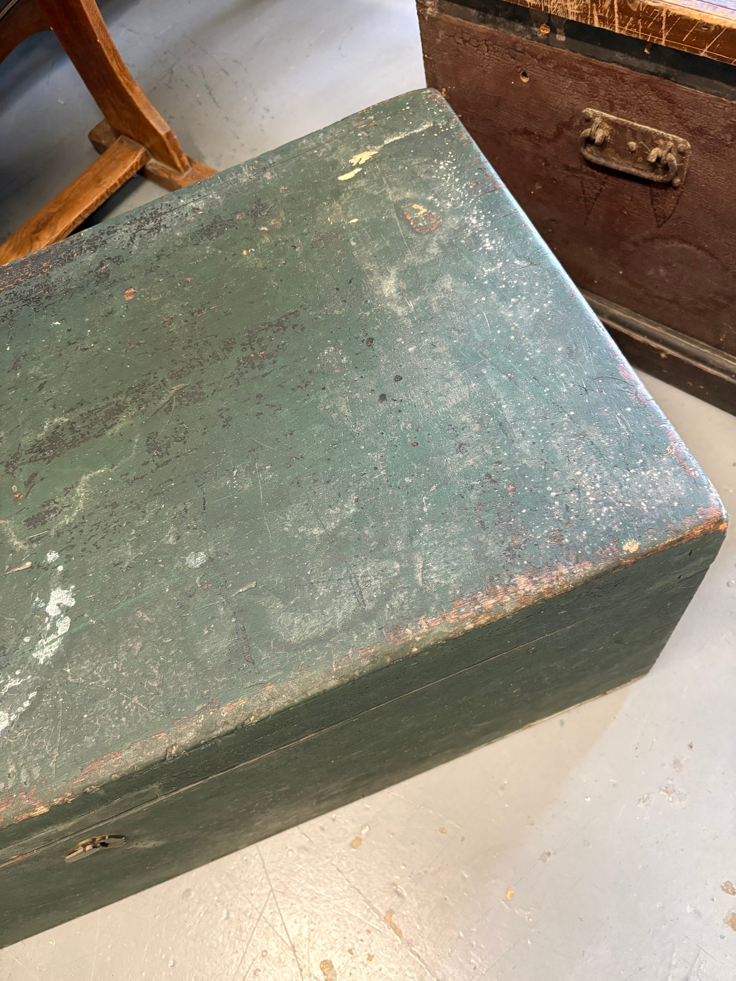 Green vintage wooden carpenters tool chest great coffee table and storage