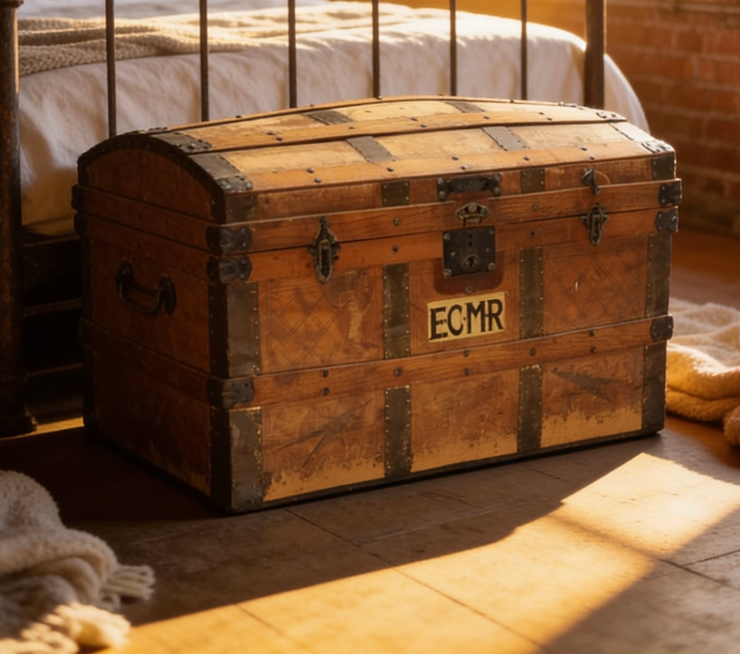 Antique 19th century pine and metal bound travelling trunk - Unique Storage ￼