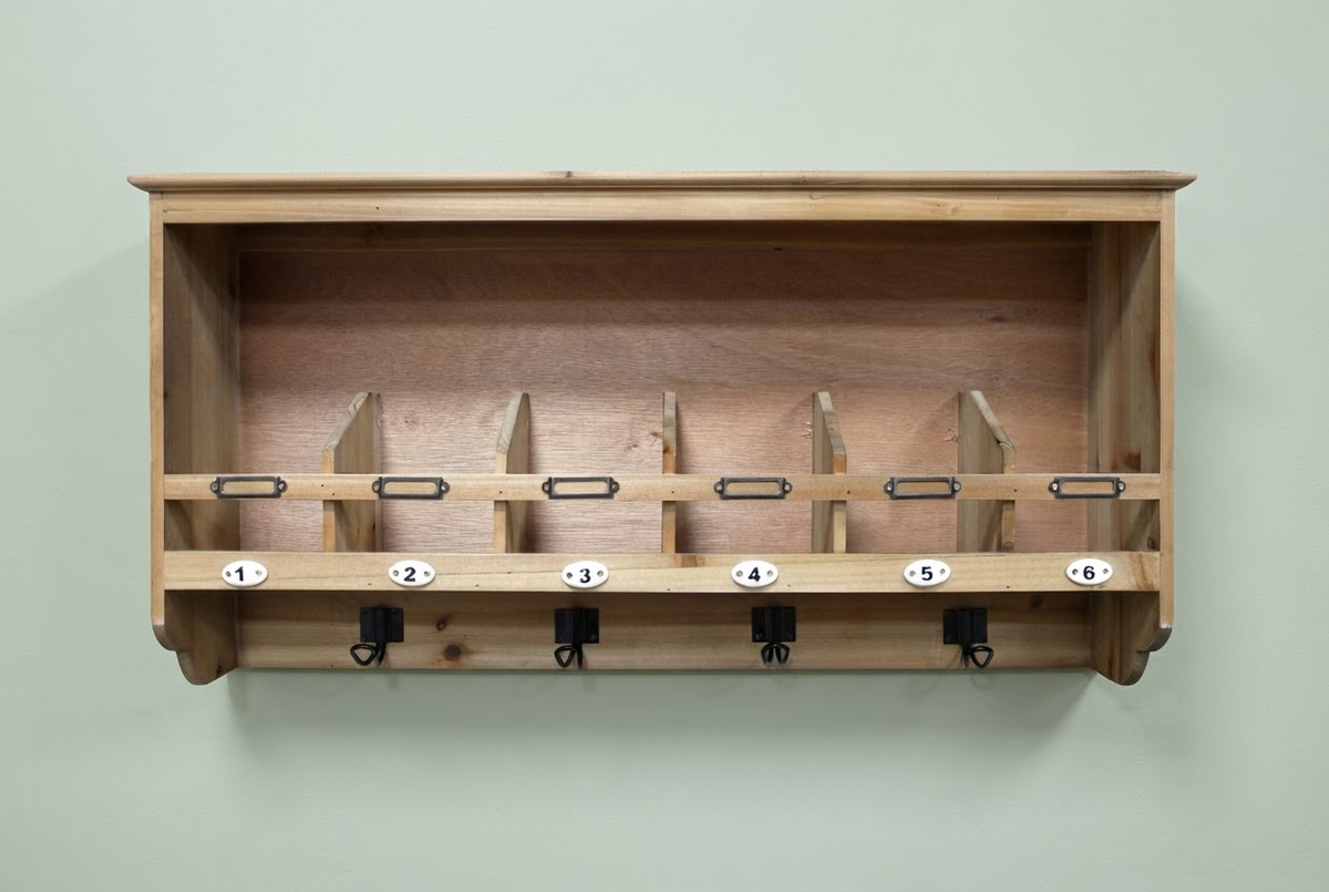 Country Farmhouse Wooden Wall Unit with Shelf Dividers & Coat Hooks