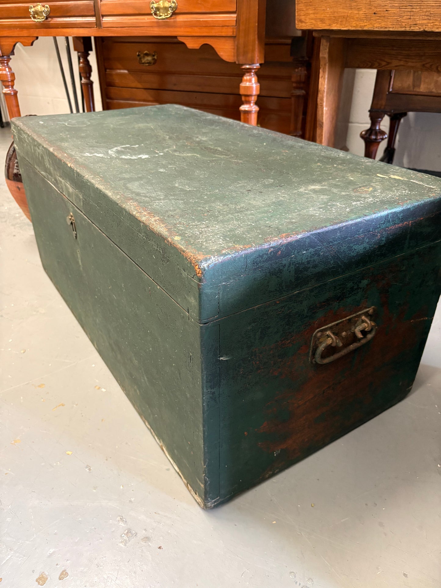 Green vintage wooden carpenters tool chest great coffee table and storage