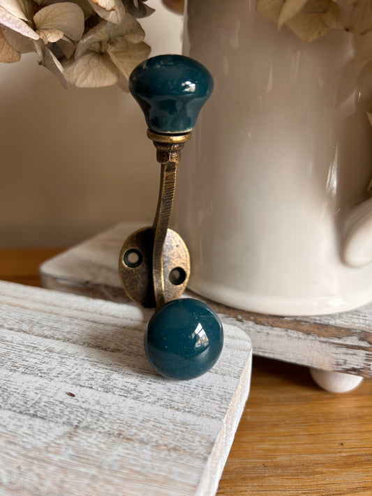 A Teal Blue Ceramic double wall coat hook, vintage style home decor