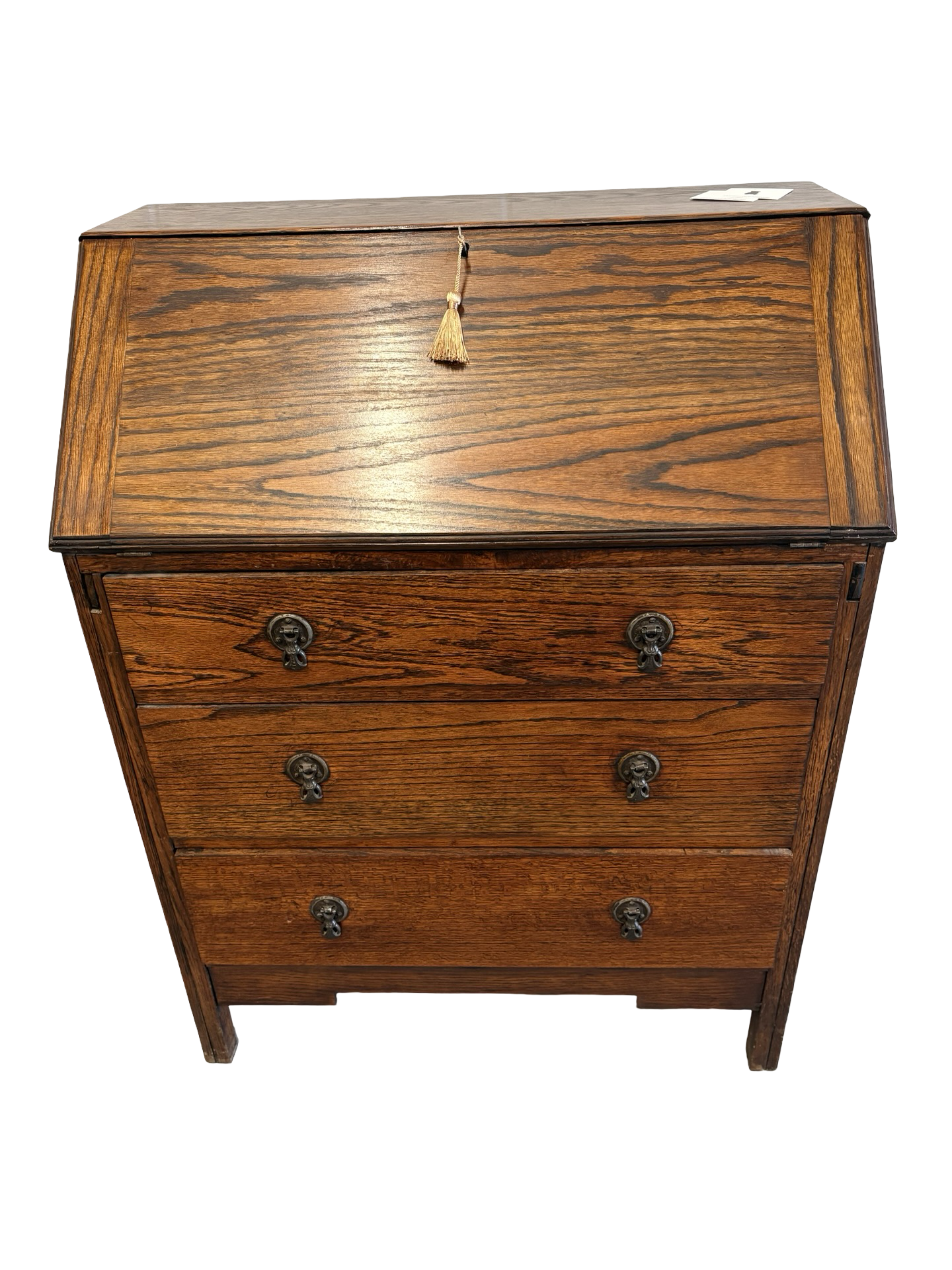 Early 20th Century Vintage Fold down Oak bureau writing desk drawers & key