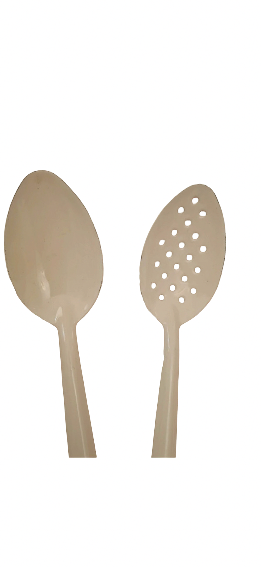 Set of 4 Vintage Cream Enamel Kitchen Cooking Utensils