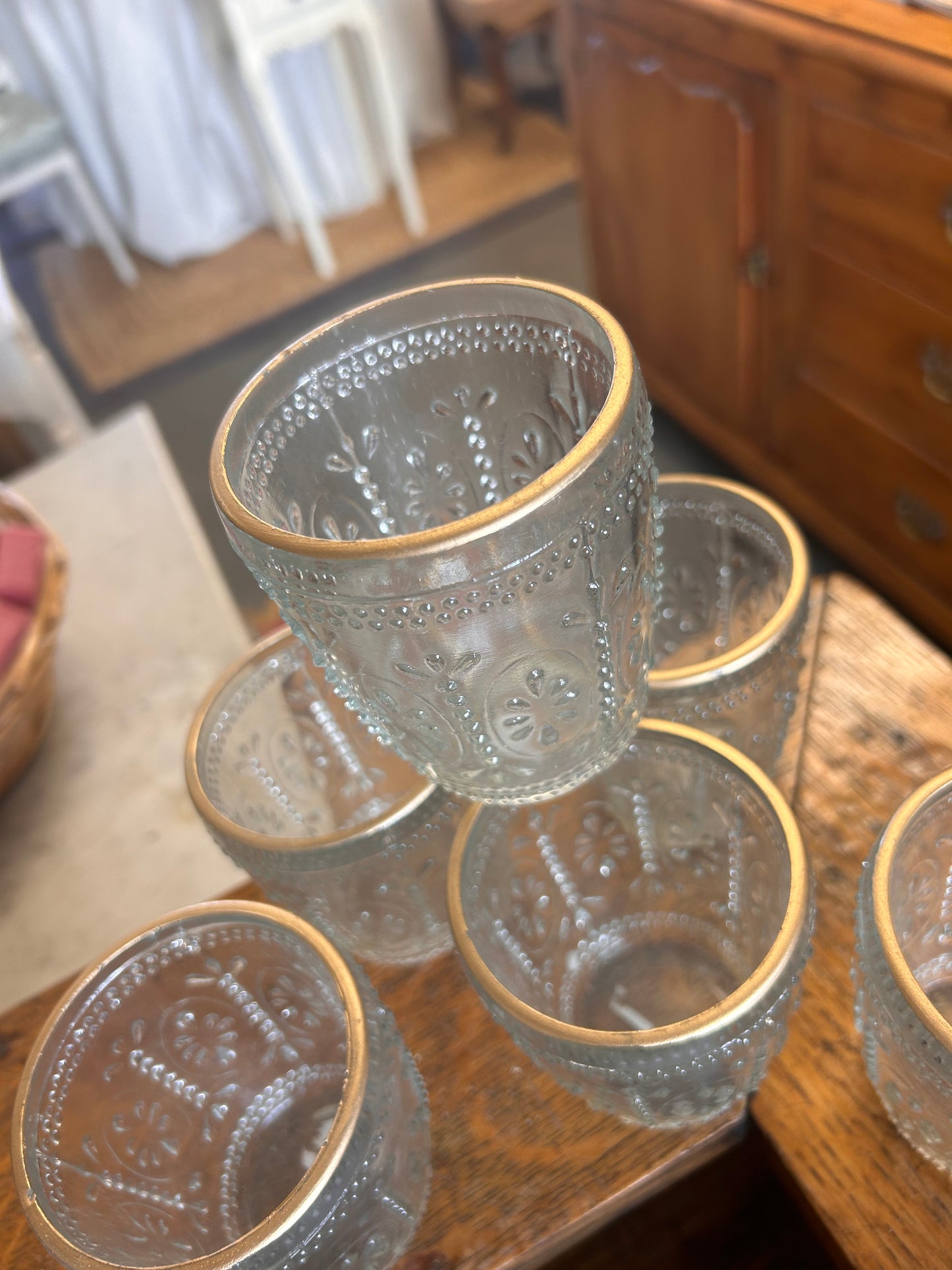 A Pressed Glass & gold rim tealight holder