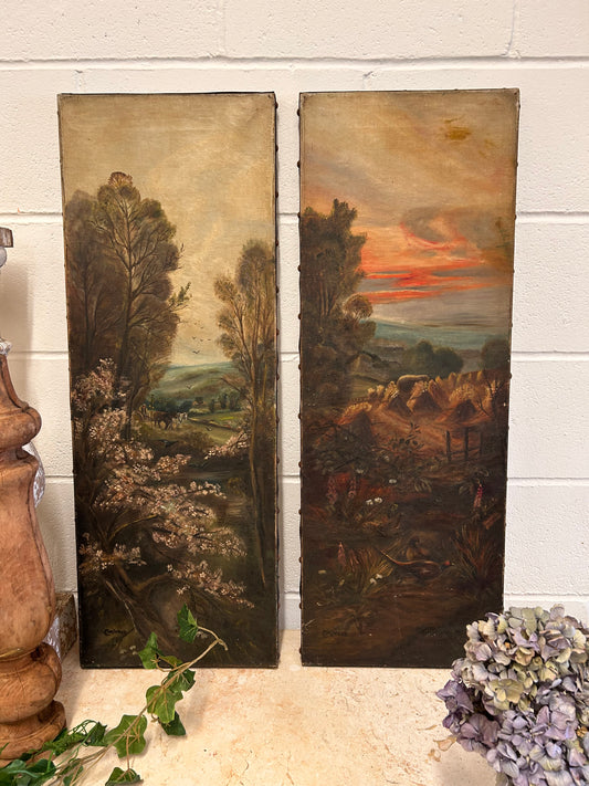 Pair of Victorian Oil on canvas paintings woodland farmland scenes by CM Wood