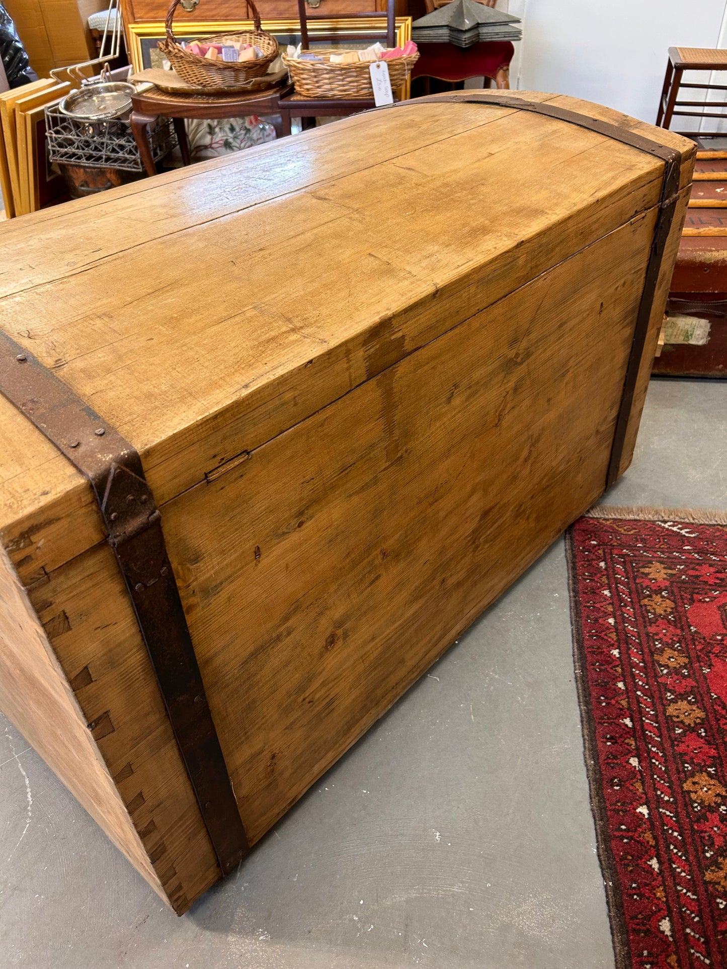 HUGE Late 19thC Pine and metal bound dome topped trunk