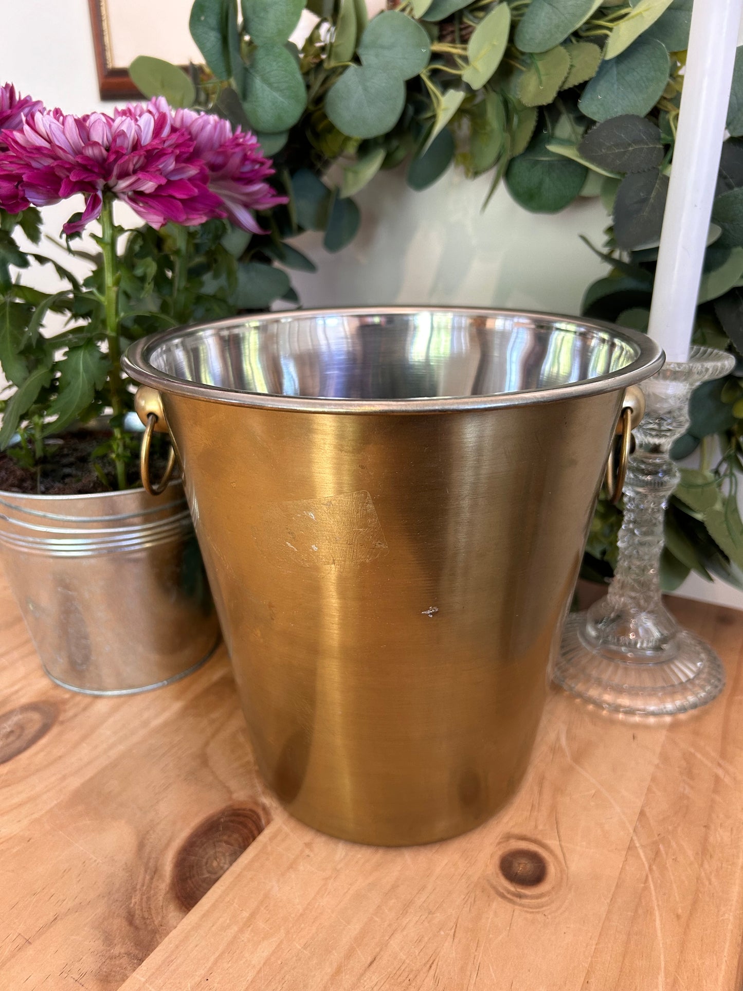 Vintage white metal champagne bucket with handles