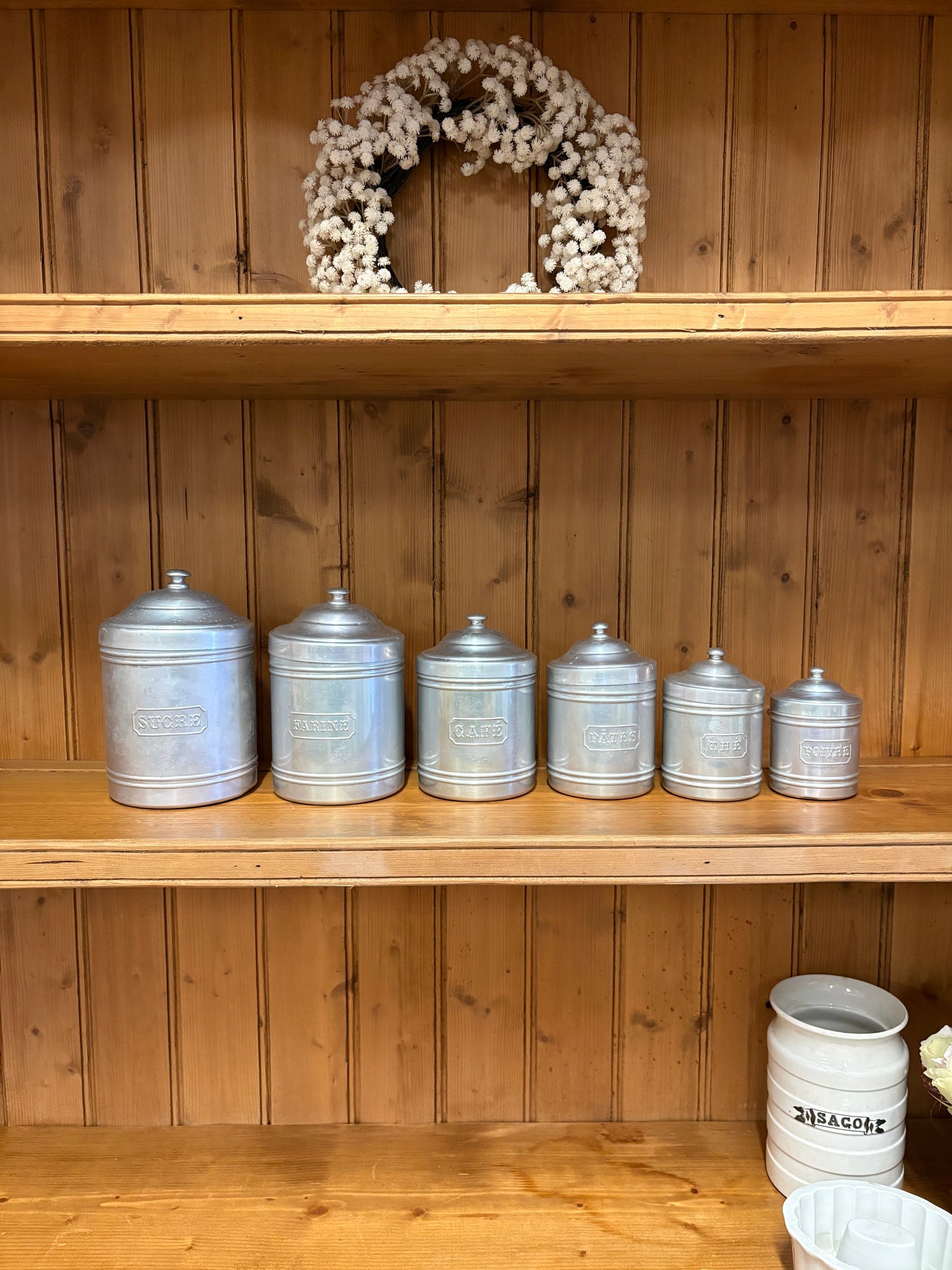 Set of six Vintage French metal Kitchen storage food canisters