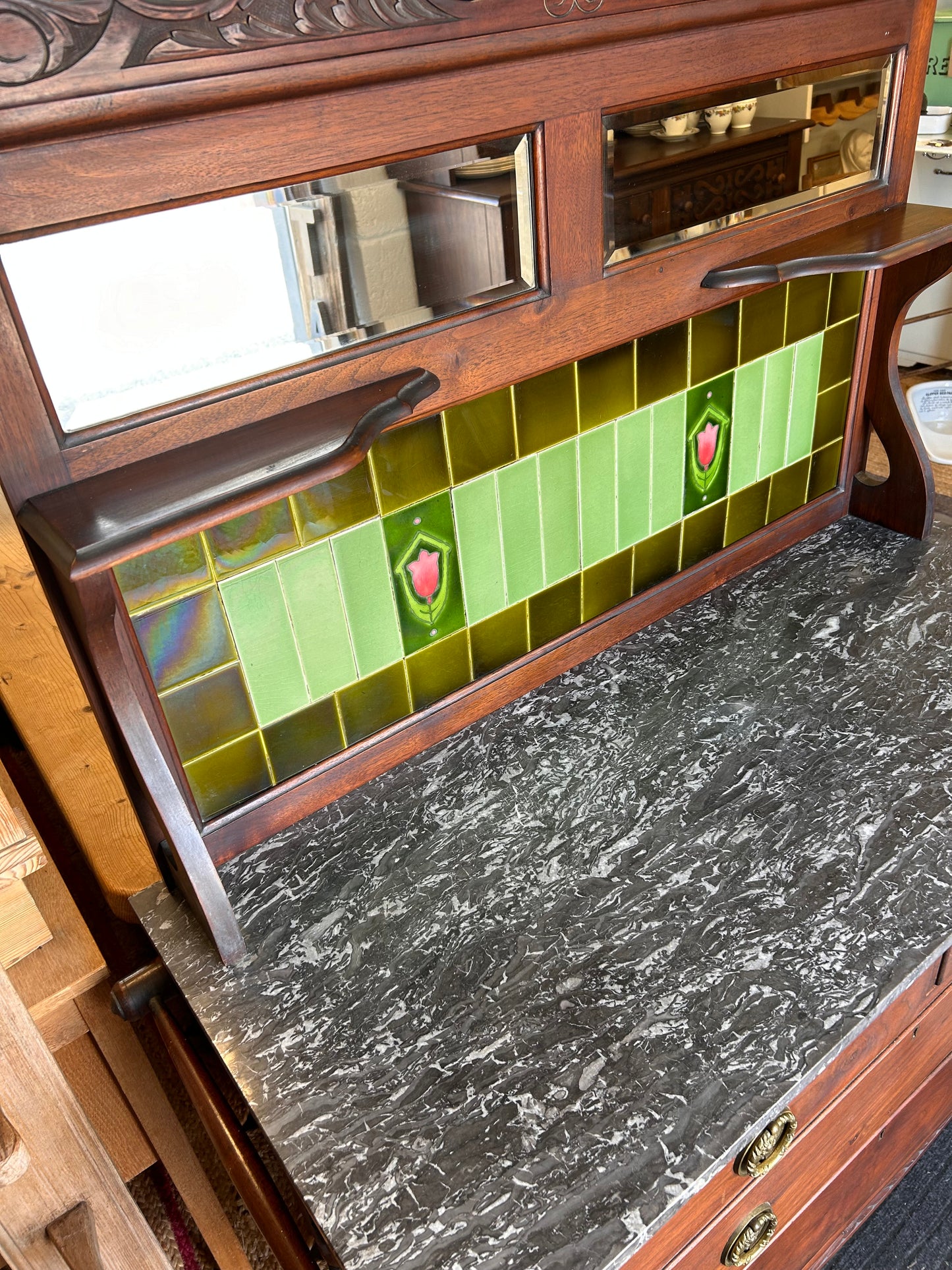 Magnificent late 19th century tiled mirrored and marble topped washstand