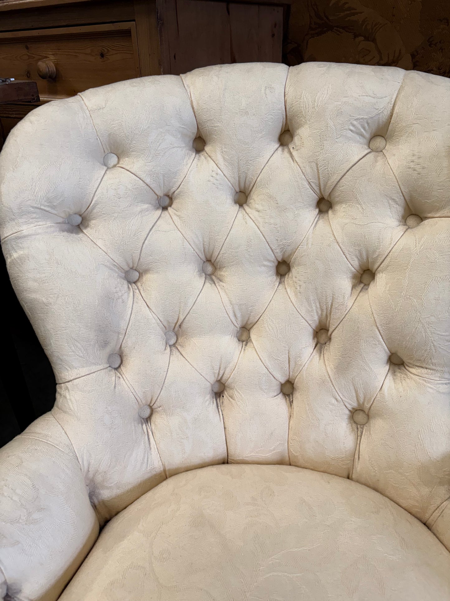 An Cream upholstered & carved Victorian mahogany Low Bedroom Chair