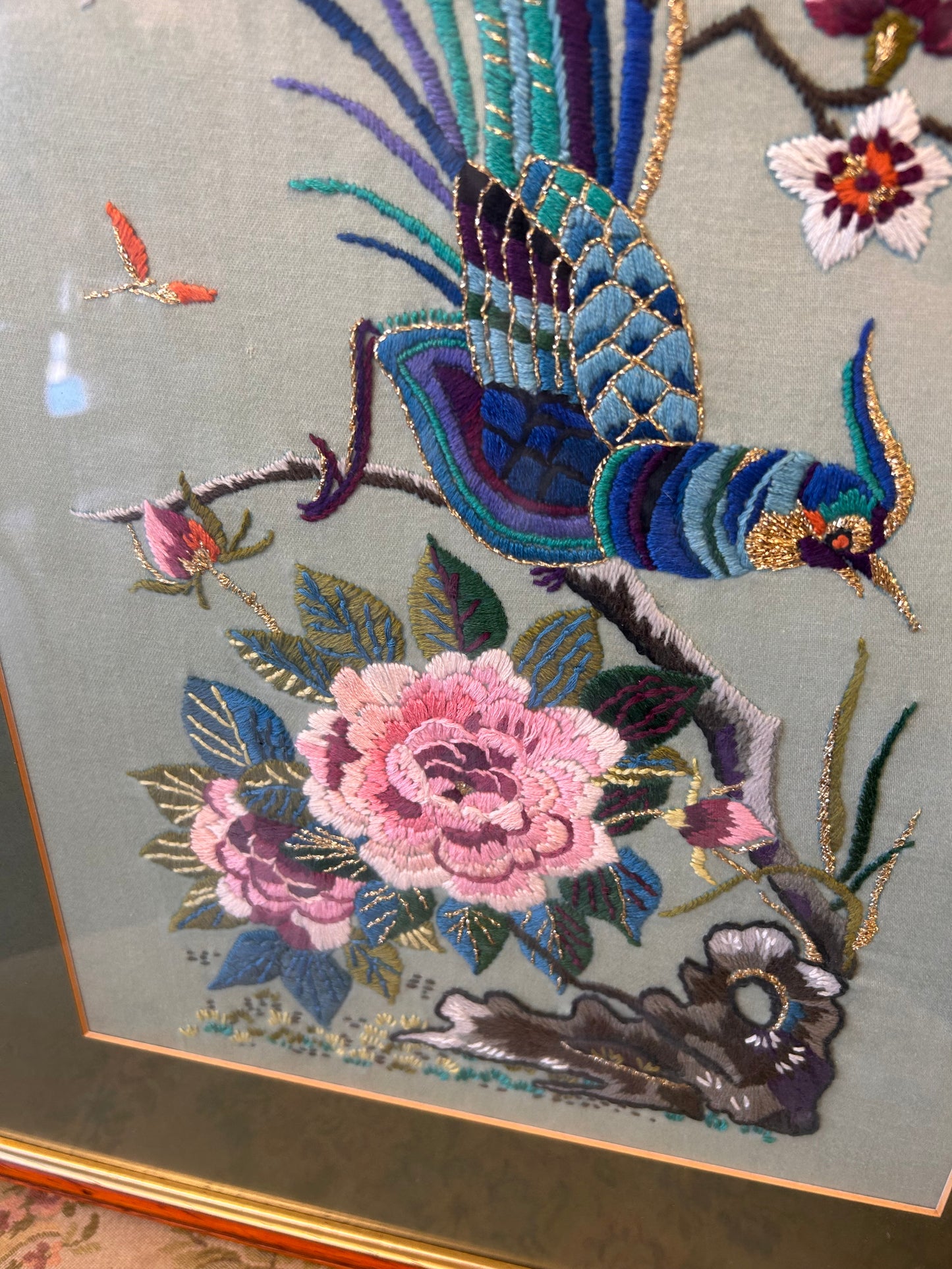 Framed mounted Vintage Oriental Silk Embroidery piece